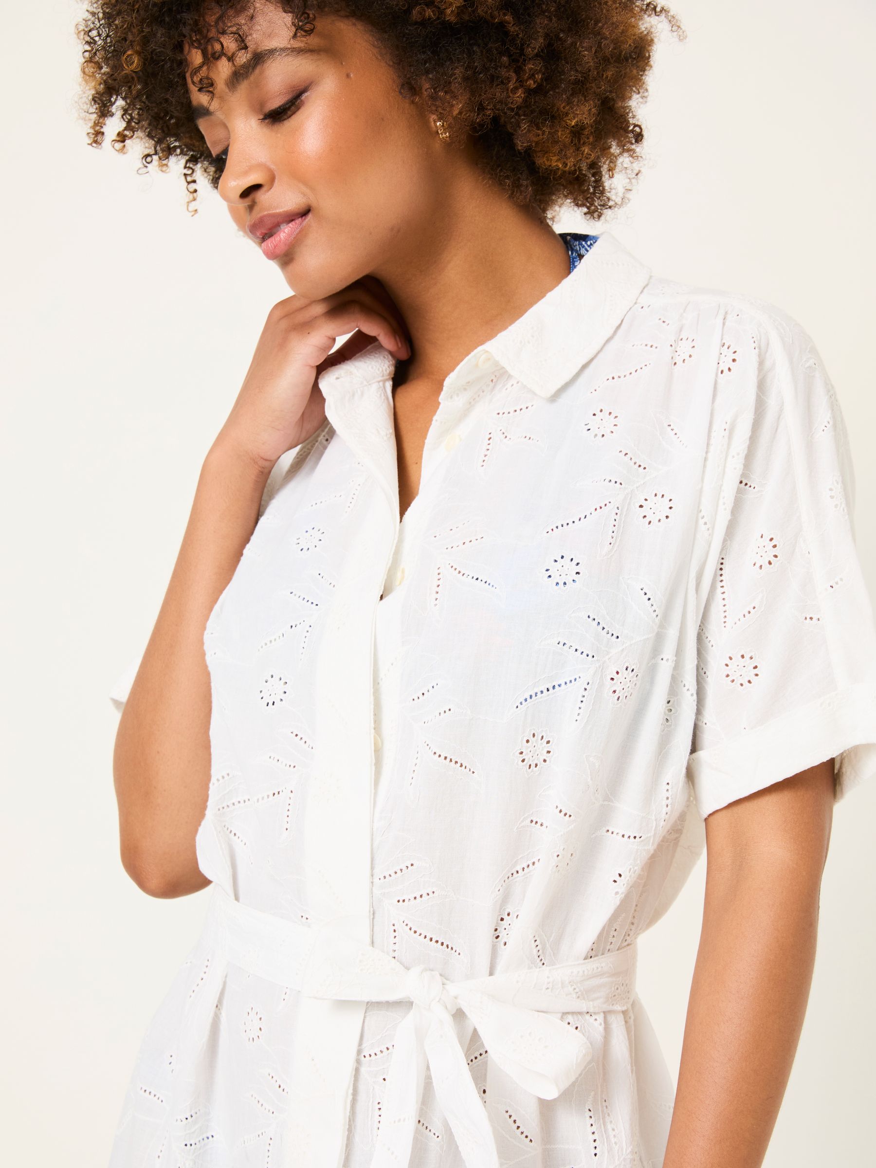 Ivory 100% Cotton Beachwear Broderie Shirt Dress - Image 5 of 11