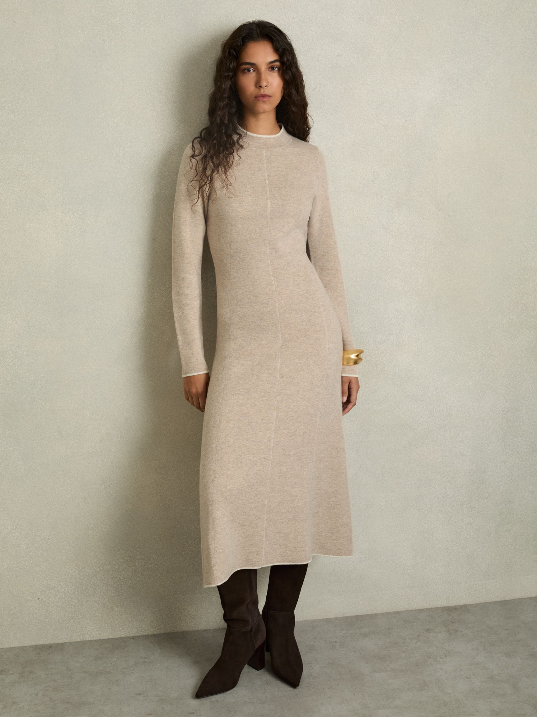 Knitted Mélange Midi Dress With Cashmere in Neutral - Image 3 of 8