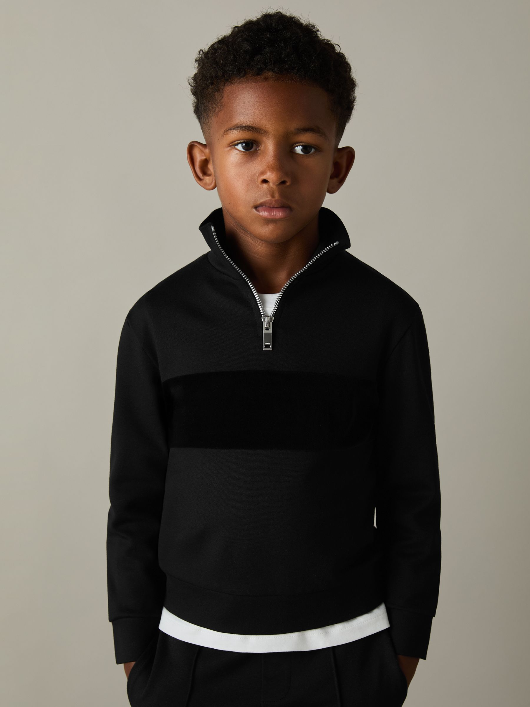 3-9 yrs Slim Fit Half-Zip Funnel Neck Velour Sweatshirt in Black - Image 1 of 4