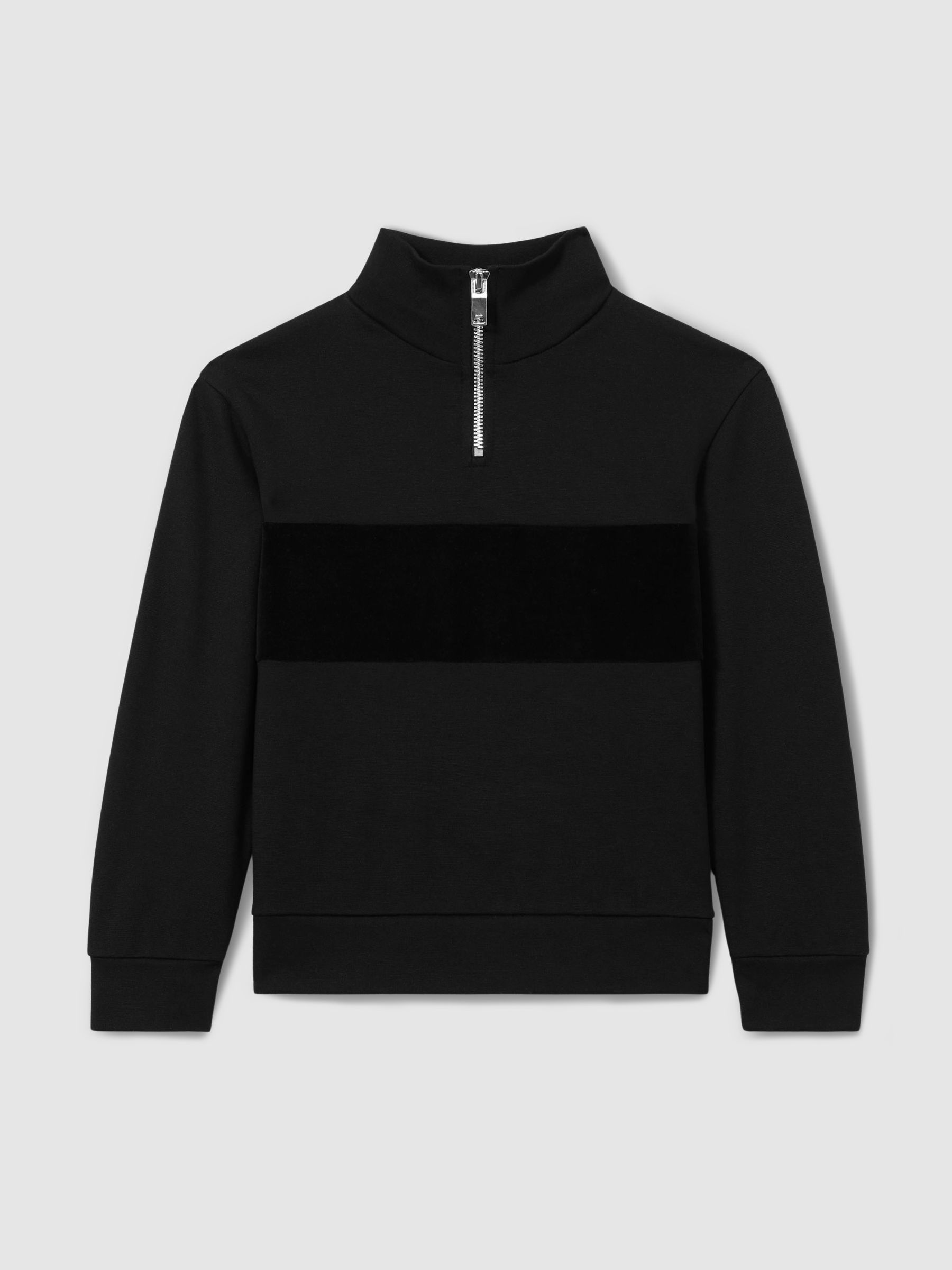 3-9 yrs Slim Fit Half-Zip Funnel Neck Velour Sweatshirt in Black - Image 2 of 4