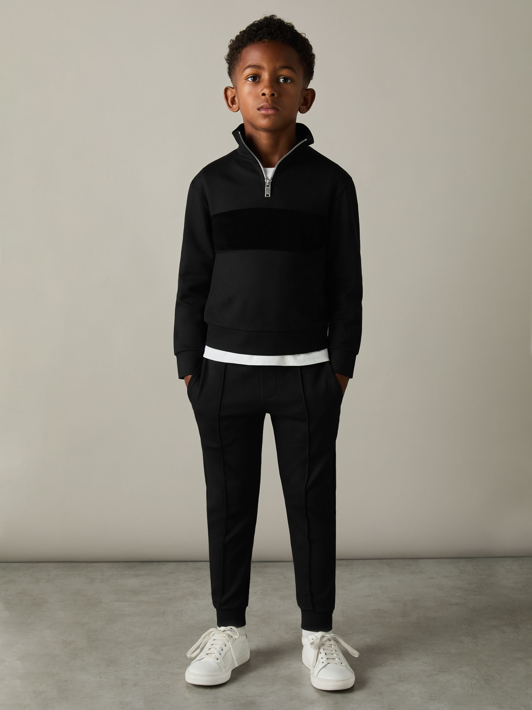 3-9 yrs Slim Fit Half-Zip Funnel Neck Velour Sweatshirt in Black - Image 3 of 4