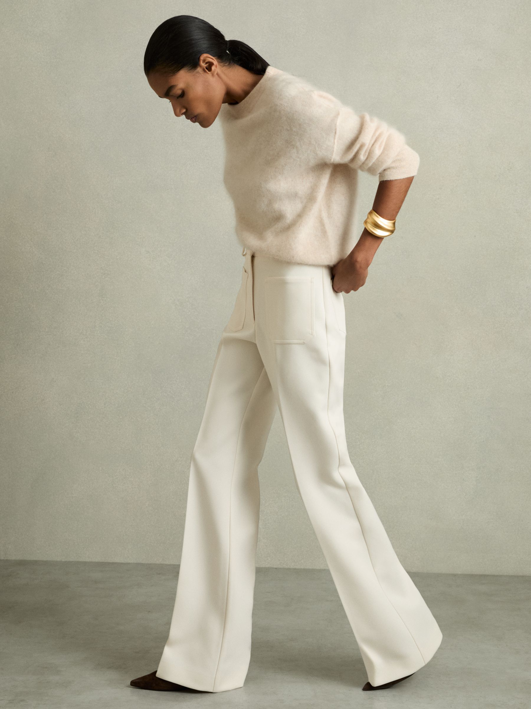 Twill High Rise Flared Trousers in Cream - Image 1 of 6
