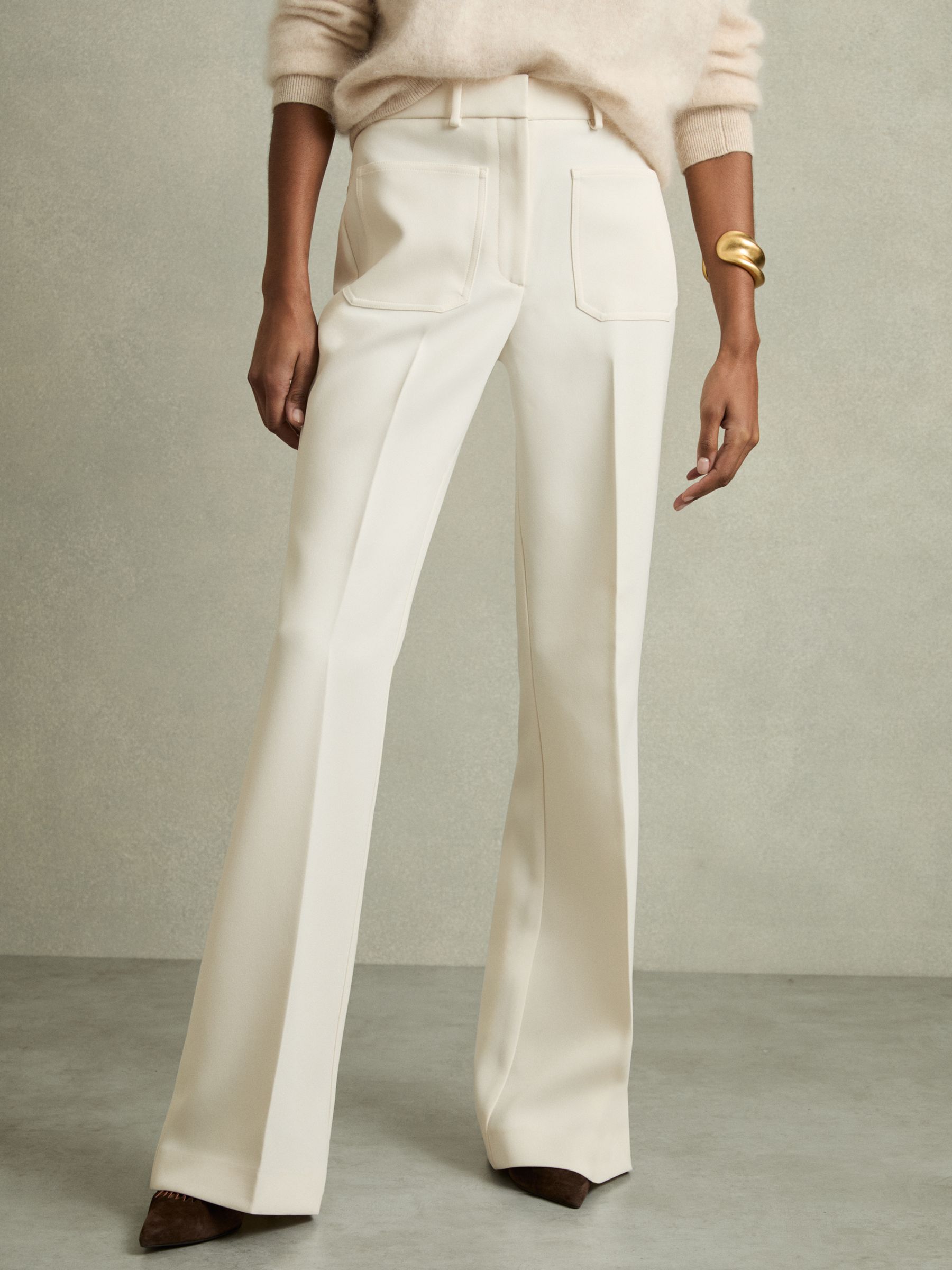 Twill High Rise Flared Trousers in Cream - Image 3 of 6