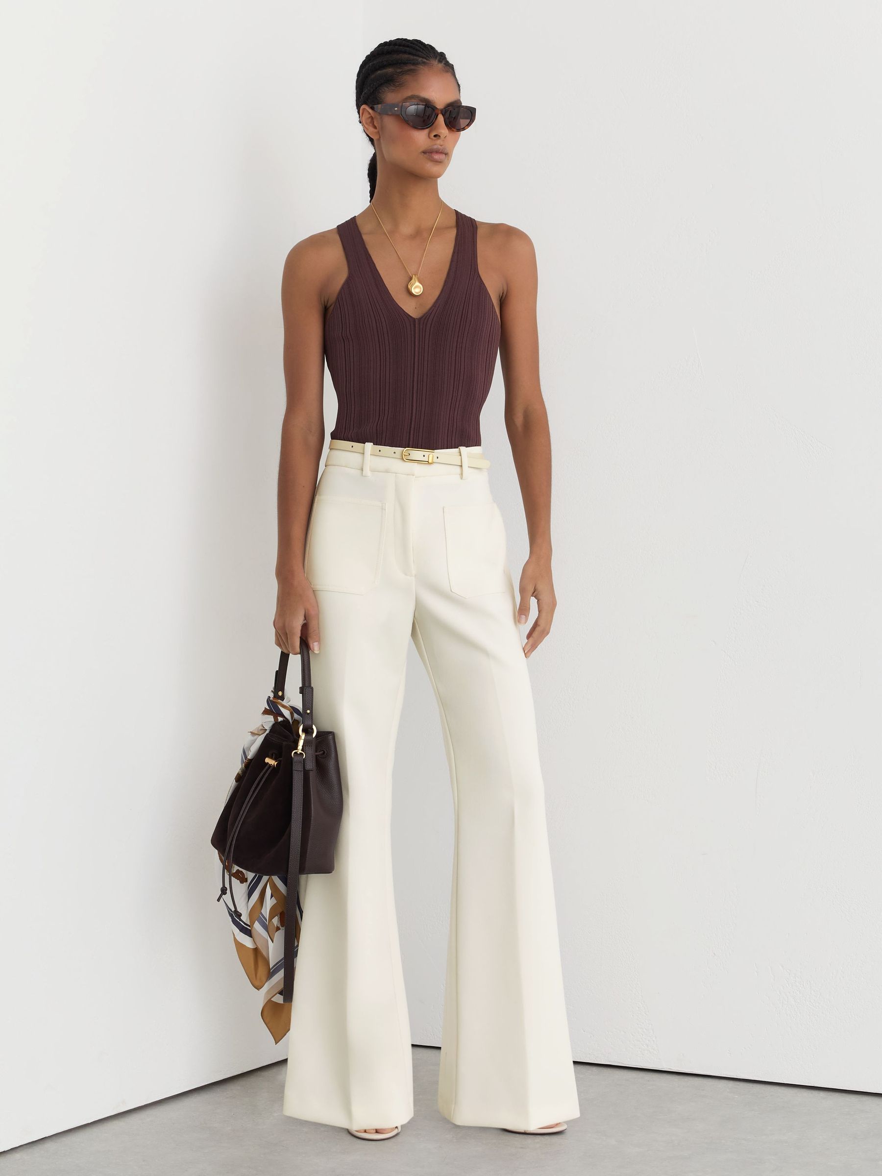 Twill Patch-Pocket Flared Trousers in Cream - Image 7 of 8
