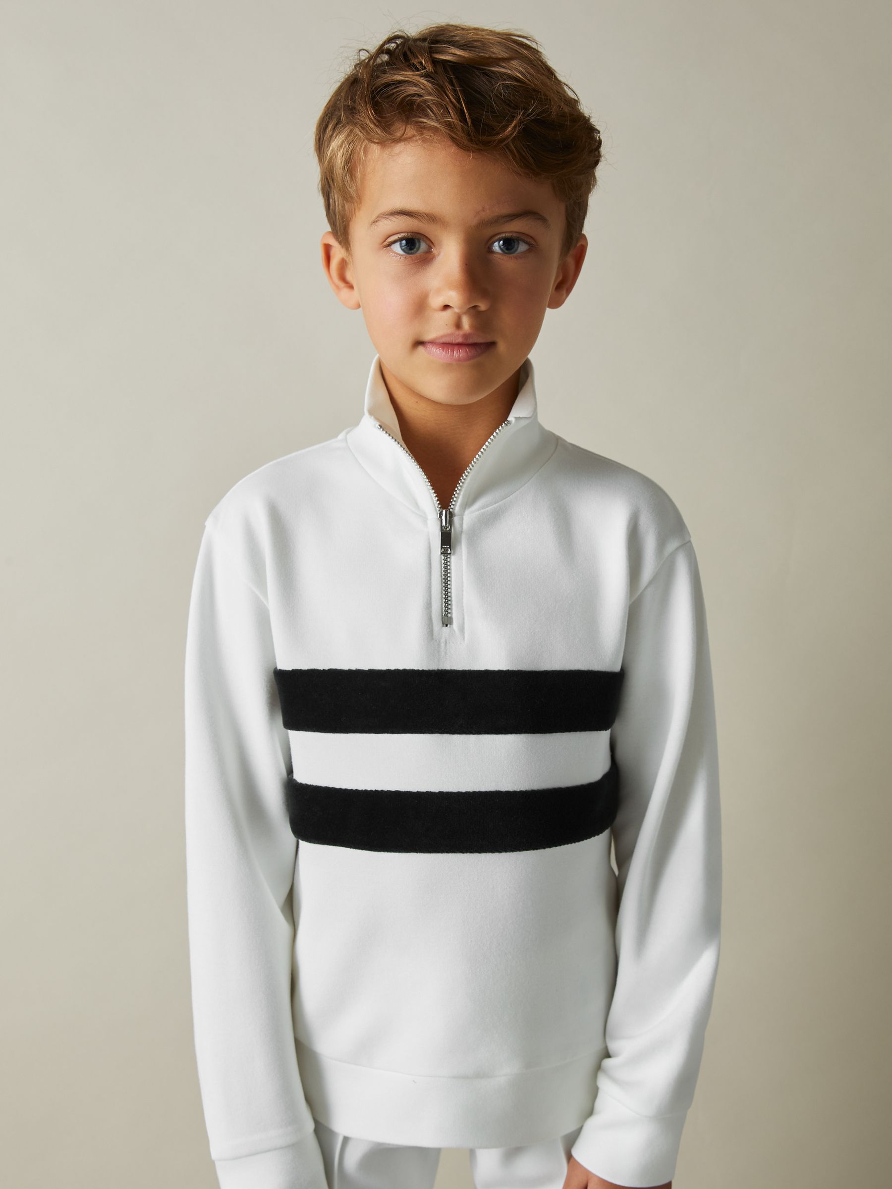 9-13 yrs Interlock Velour-Stripe Half-Zip Sweatshirt in White/Emerald Green - Image 1 of 4
