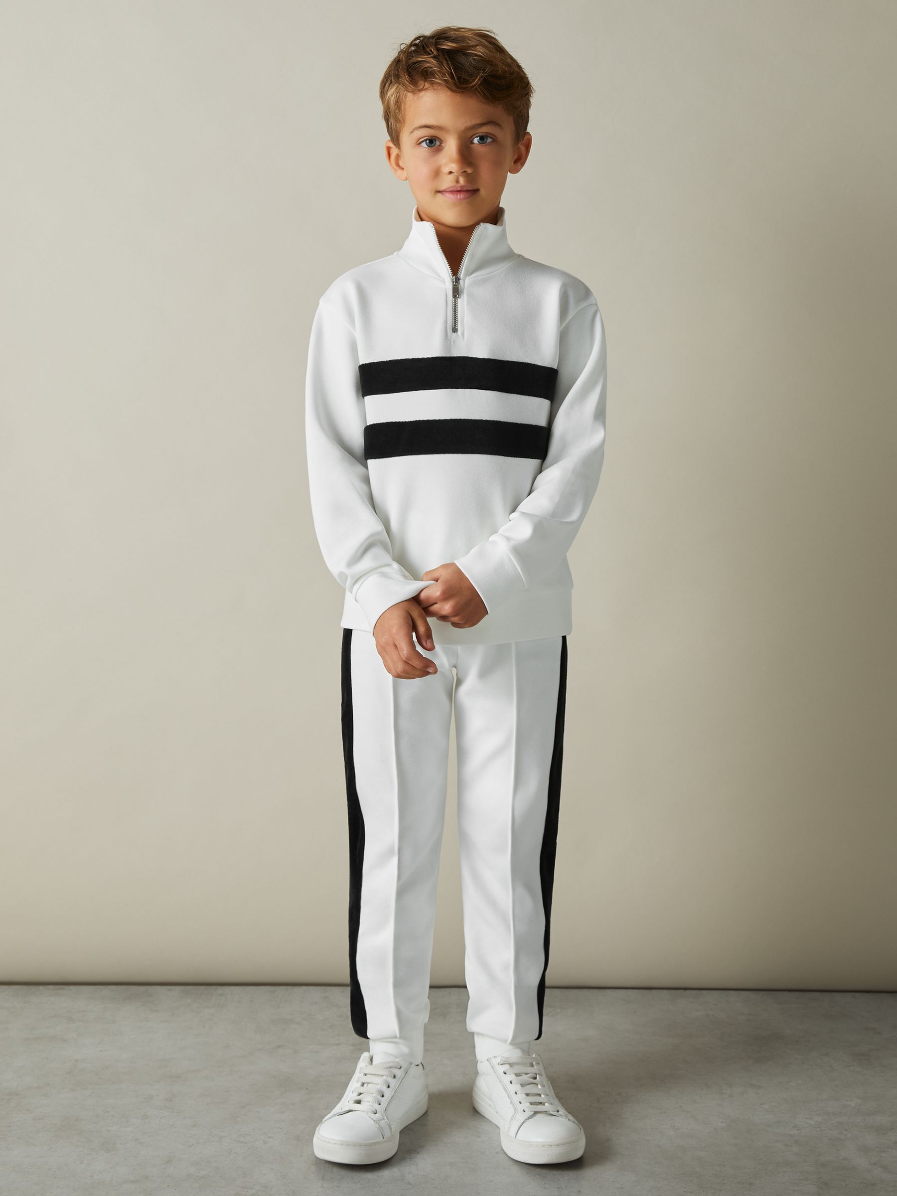 9-13 yrs Interlock Velour-Stripe Half-Zip Sweatshirt in White/Emerald Green - Image 3 of 4