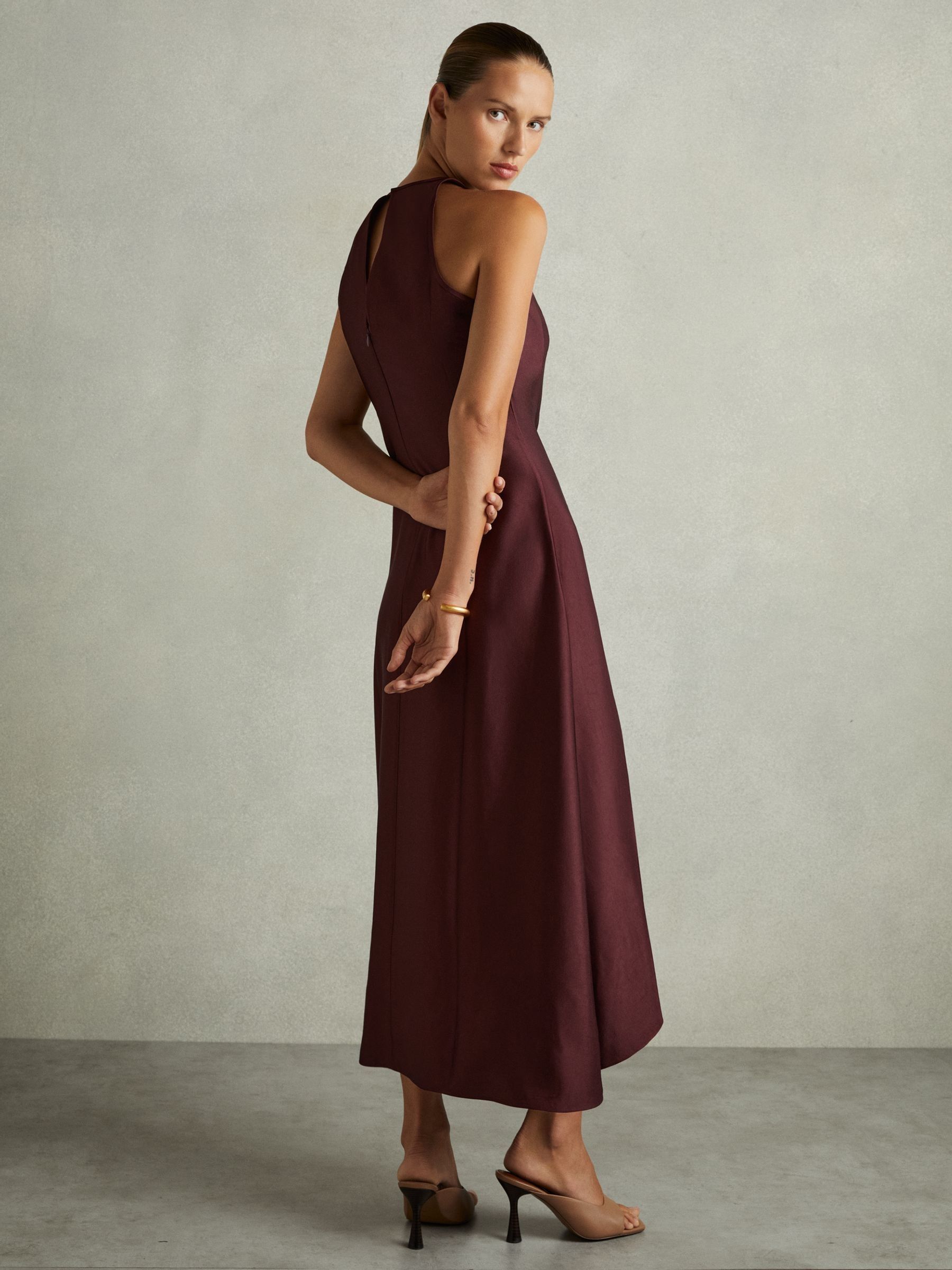 Petite Satin Drape Tuck Midi Dress in Burgundy - Image 5 of 7