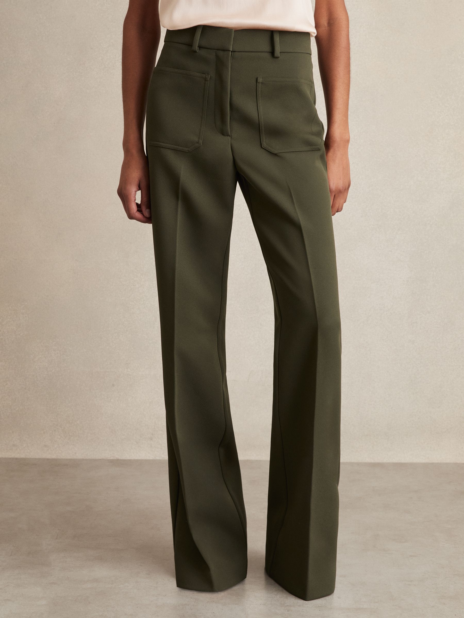 Twill Patch-Pocket Flared Trousers in Green - image 4