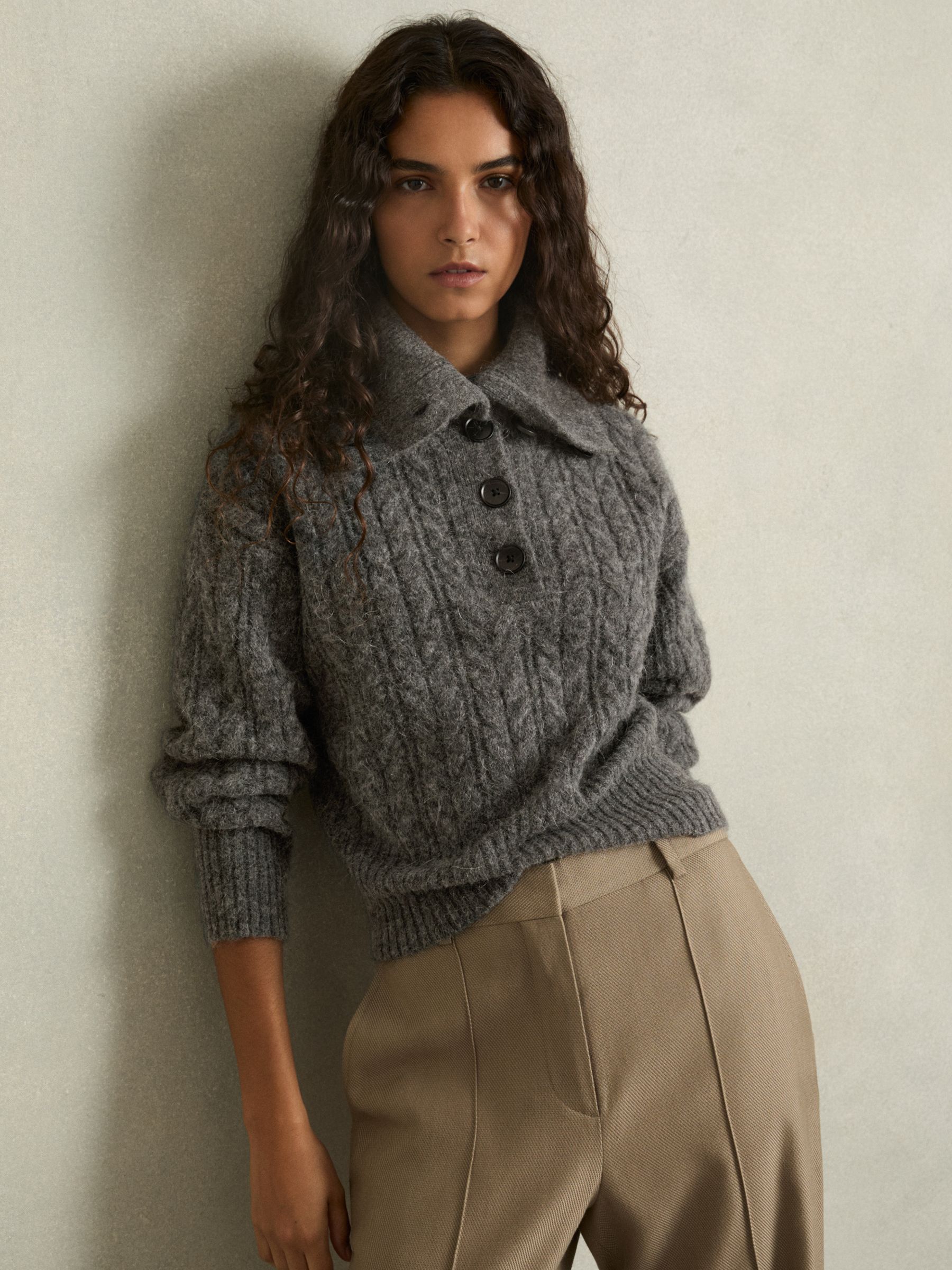 Cropped Cable-Knit Jumper With Mohair in Charcoal - Image 1 of 5
