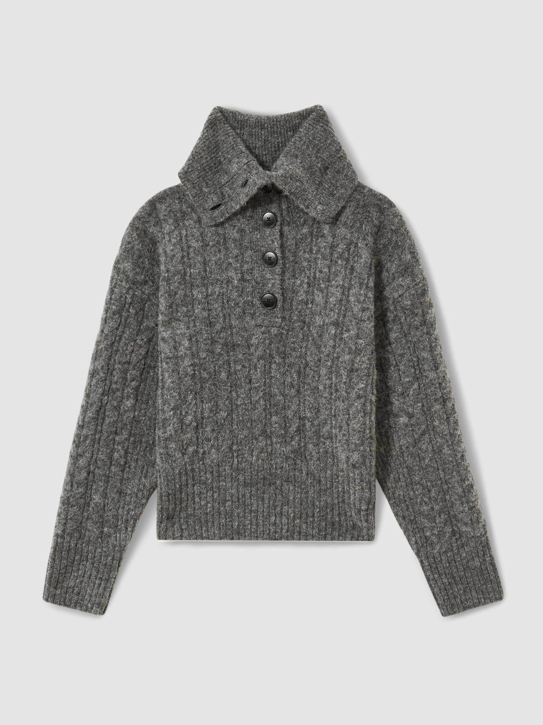 Cropped Cable-Knit Jumper With Mohair in Charcoal - Image 2 of 5