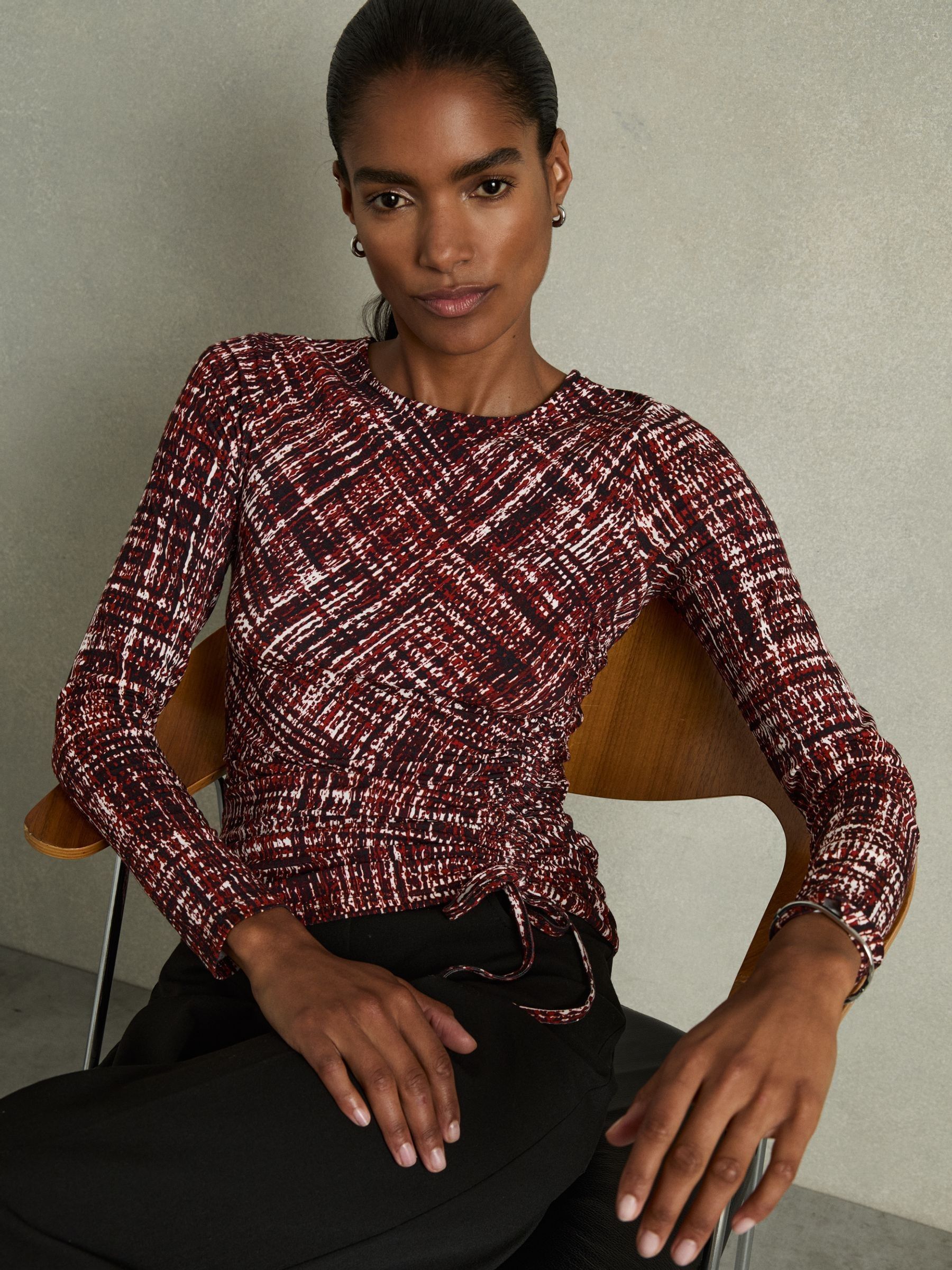Abstract-Print Ruched-Jersey Top in Red - Image 1 of 7