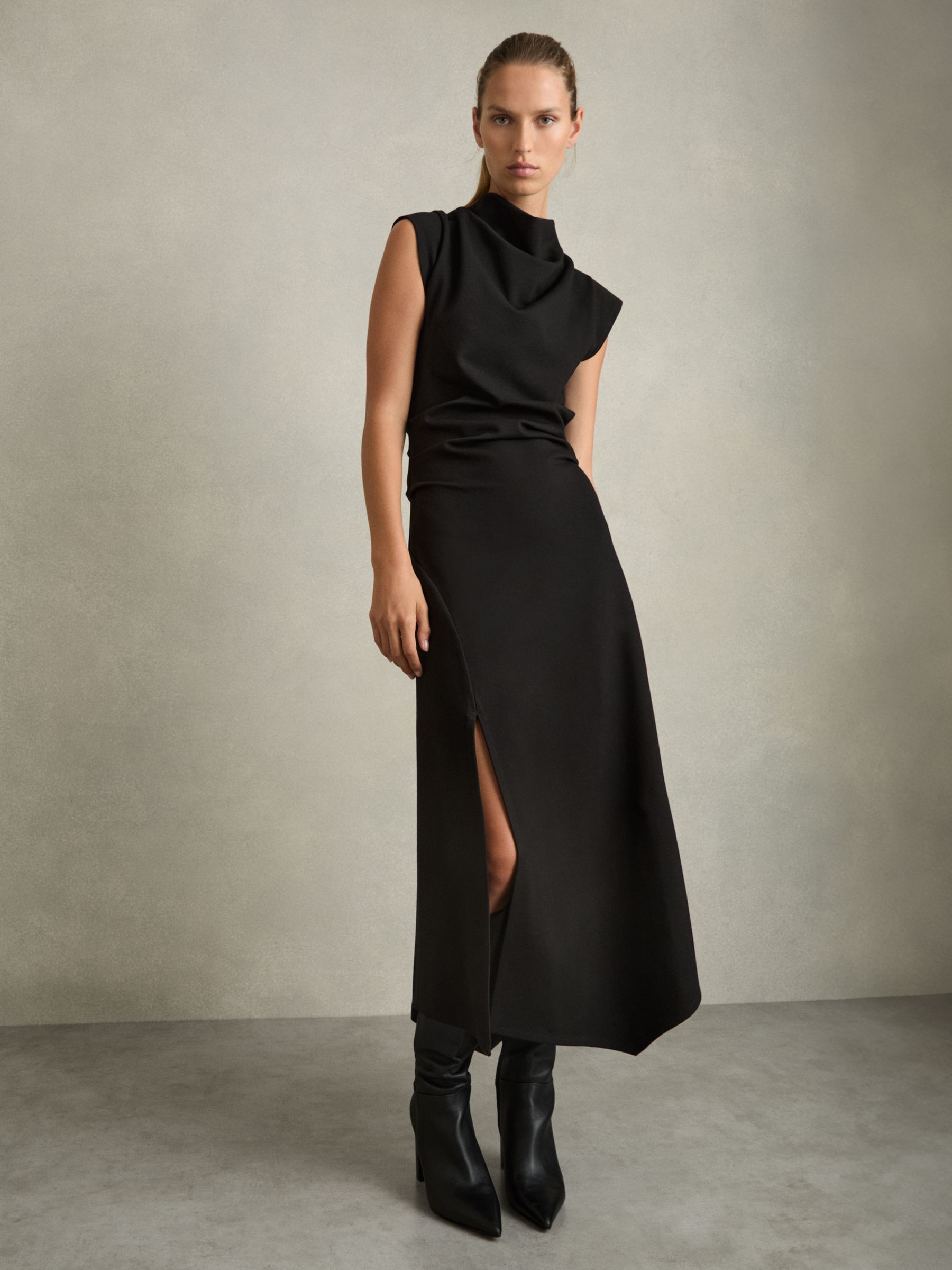 Twill-Jersey Draped Midi Dress in Black - Image 3 of 6