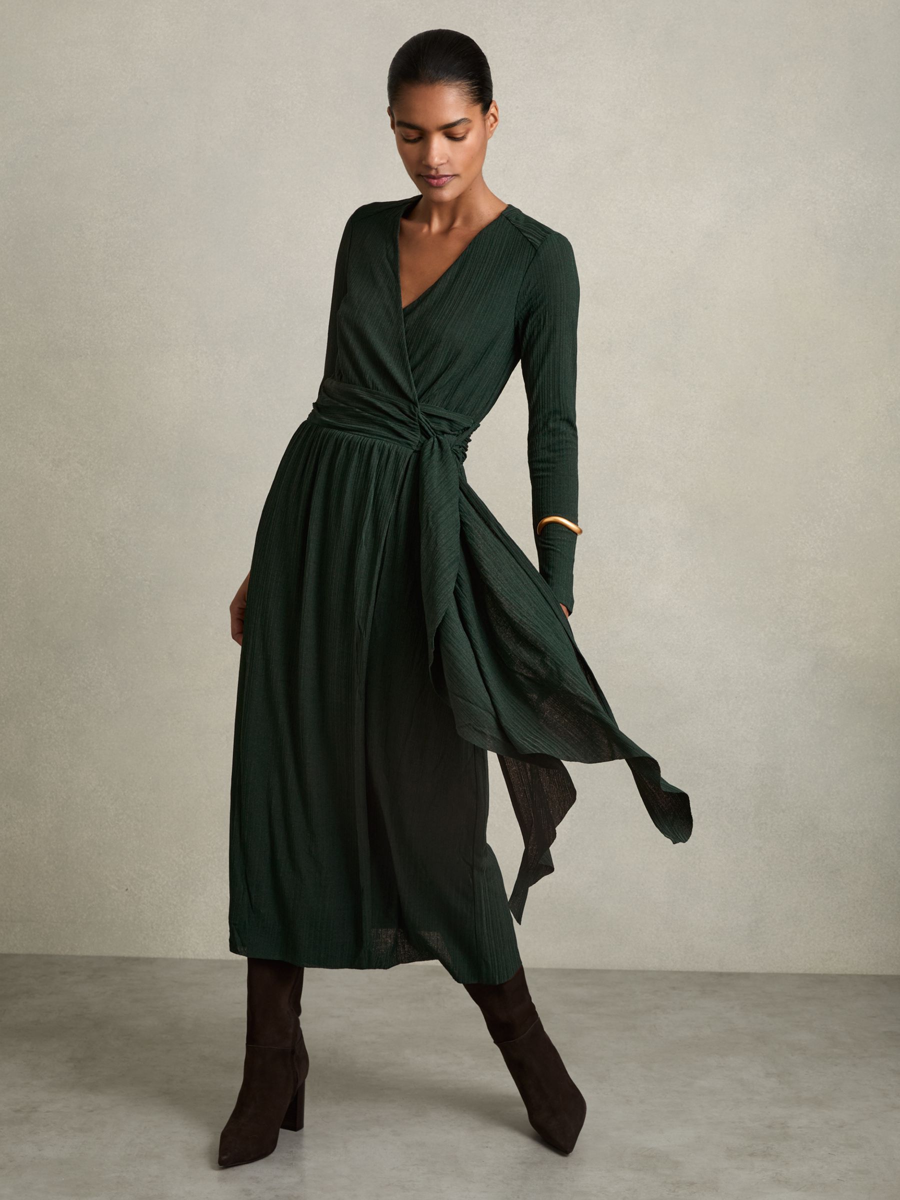 Reiss Petite Jersey Wrap-Tie Midi Dress in Green | REISS Reiss Petite Jersey Wrap-Tie Midi Dress in Green | REISS