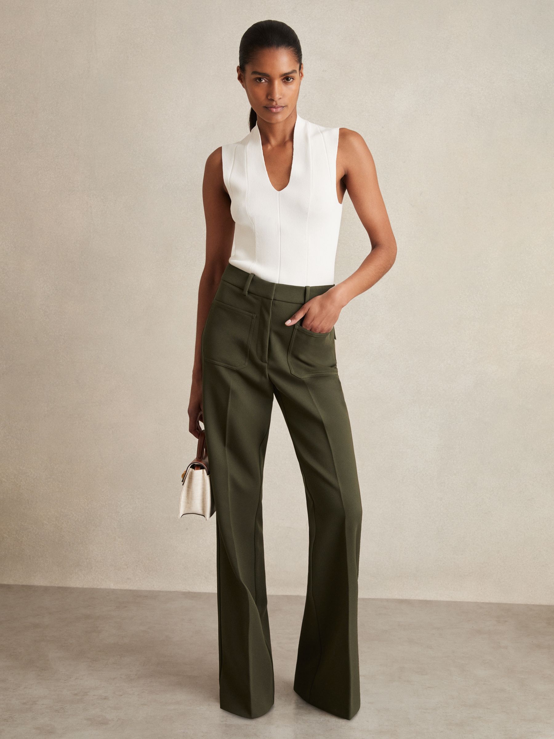 Petite Twill High Rise Flared Trousers in Green - Image 1 of 8