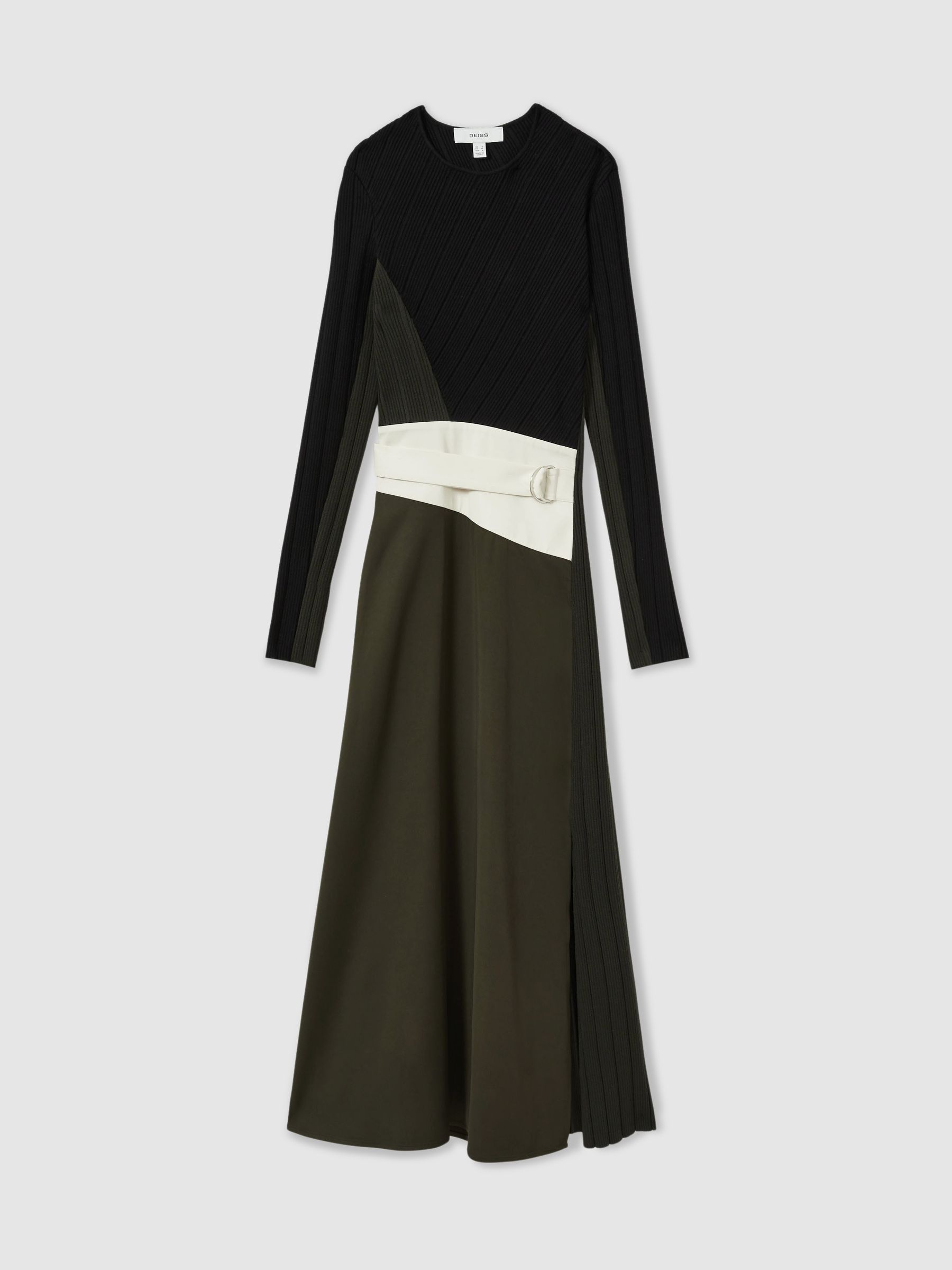 Rib-Knit Panelled Belted Midi Dress in Khaki/Black - Image 2 of 6