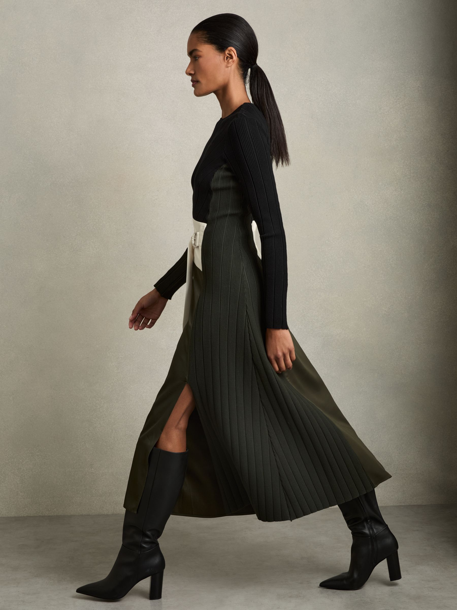 Rib-Knit Panelled Belted Midi Dress in Khaki/Black - Image 3 of 6