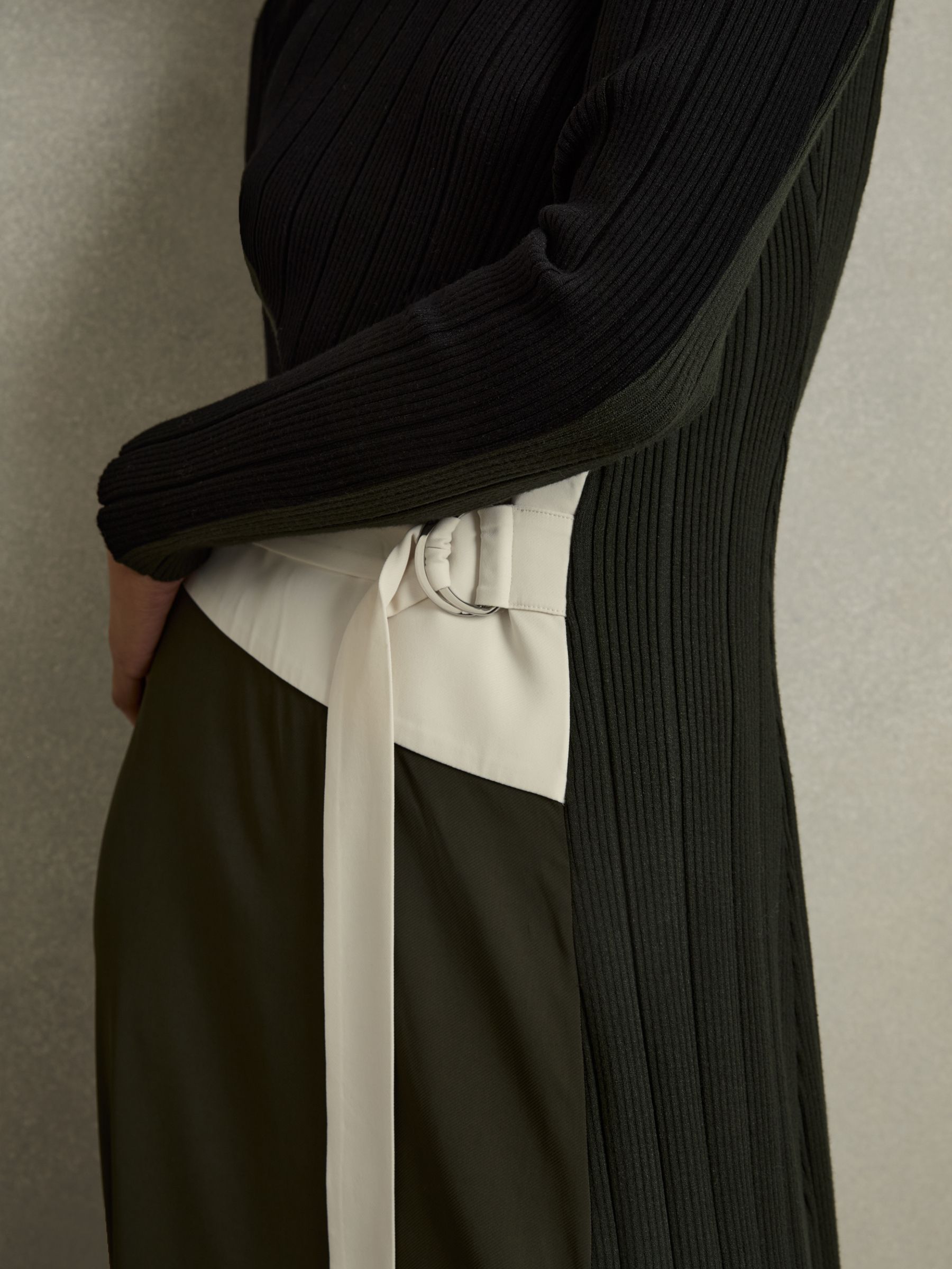 Rib-Knit Panelled Belted Midi Dress in Khaki/Black - Image 4 of 6
