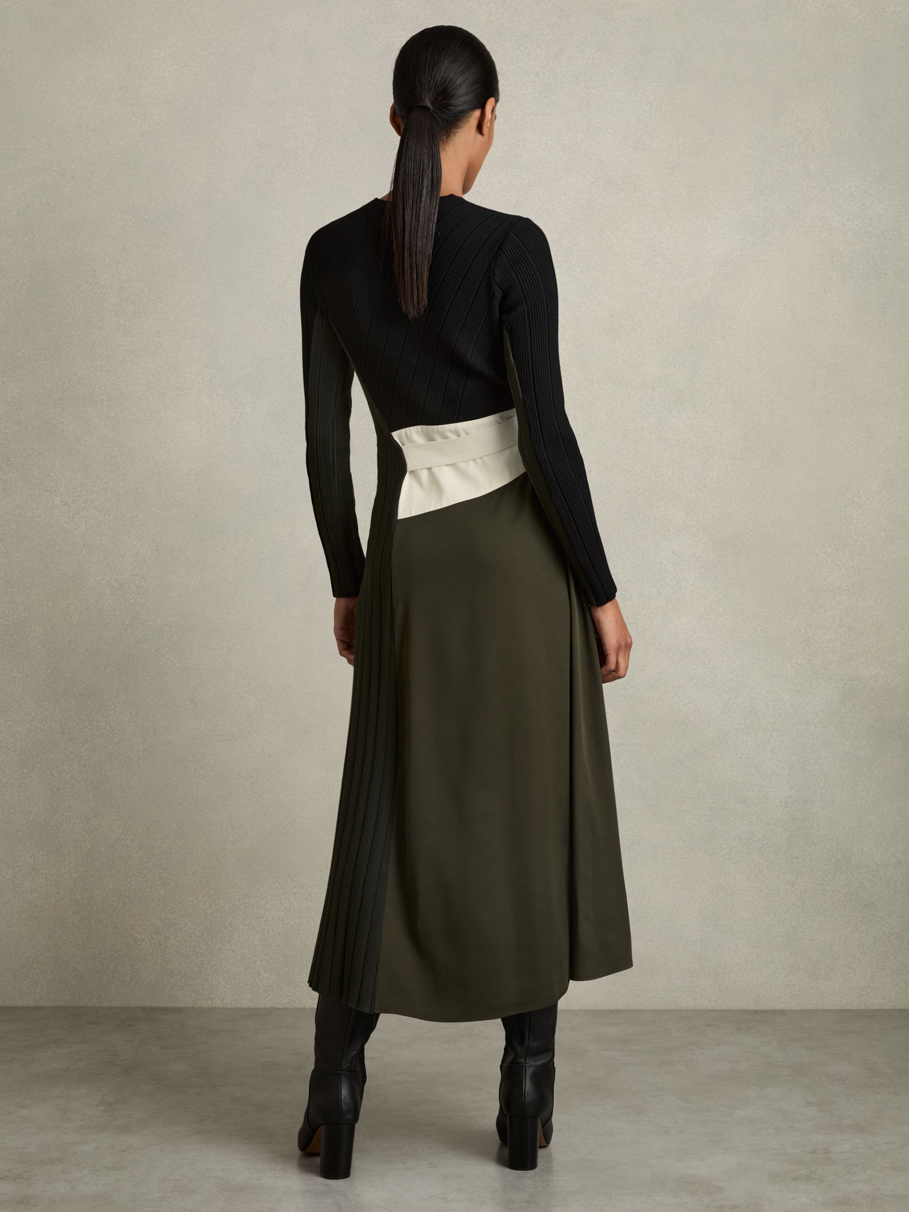Rib-Knit Panelled Belted Midi Dress in Khaki/Black - image 5