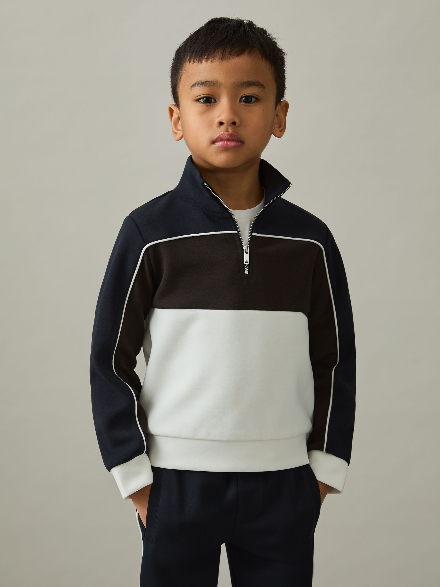 3-9 yrs Colour-Block Half-Zip Sweatshirt in Chocolate Brown/Navy/Off White - Image 1 of 4 3-9 yrs Colour-Block Half-Zip Sweatshirt in Chocolate Brown/Navy/Off White - Image 1 of 4