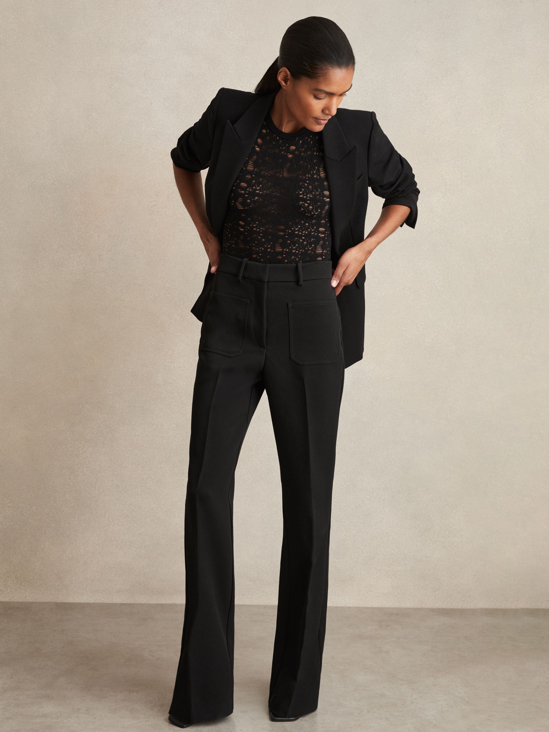 Petite Twill High Rise Flared Trousers in Black - Image 1 of 8
