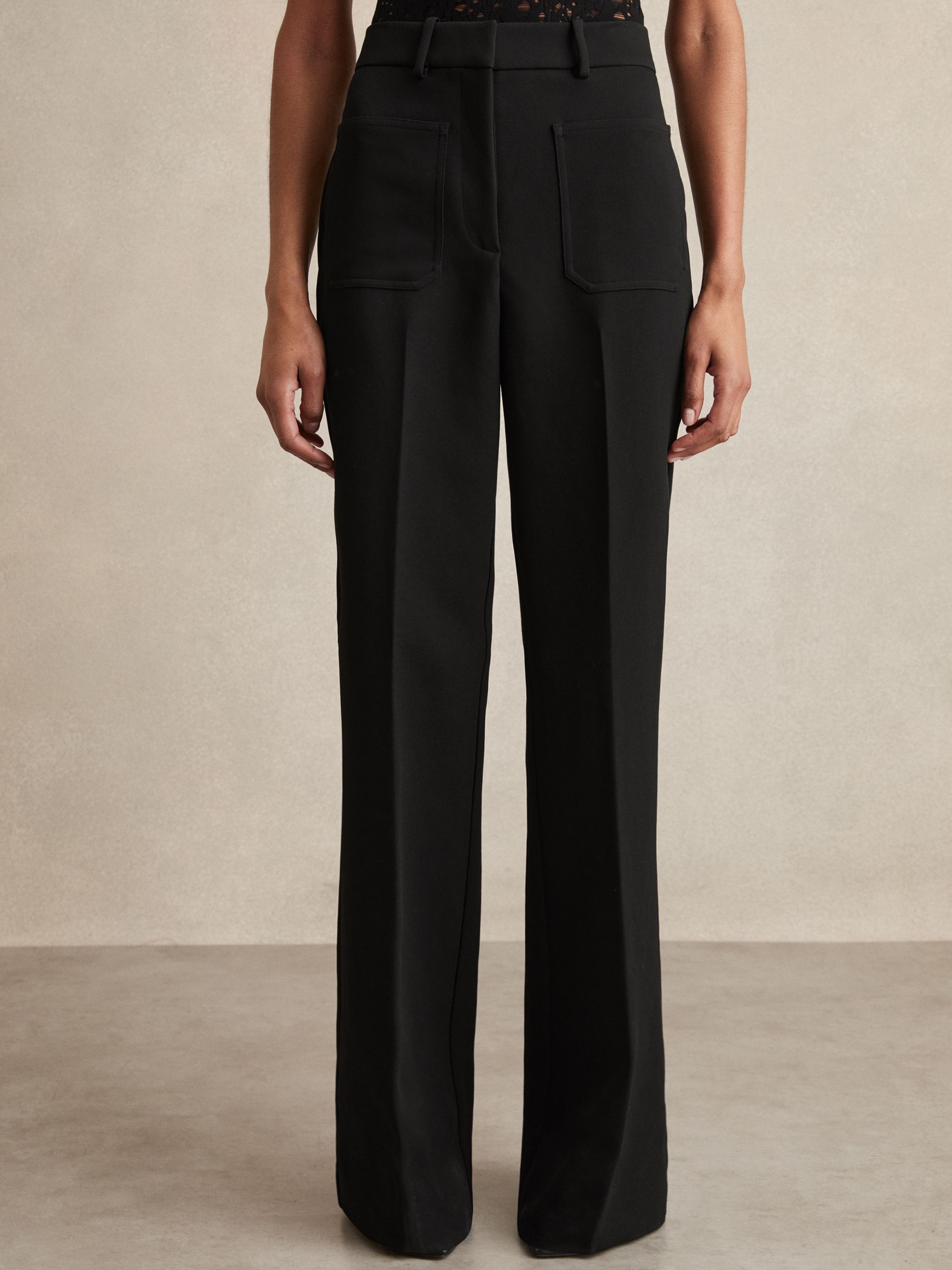 Petite Twill High Rise Flared Trousers in Black - Image 4 of 8