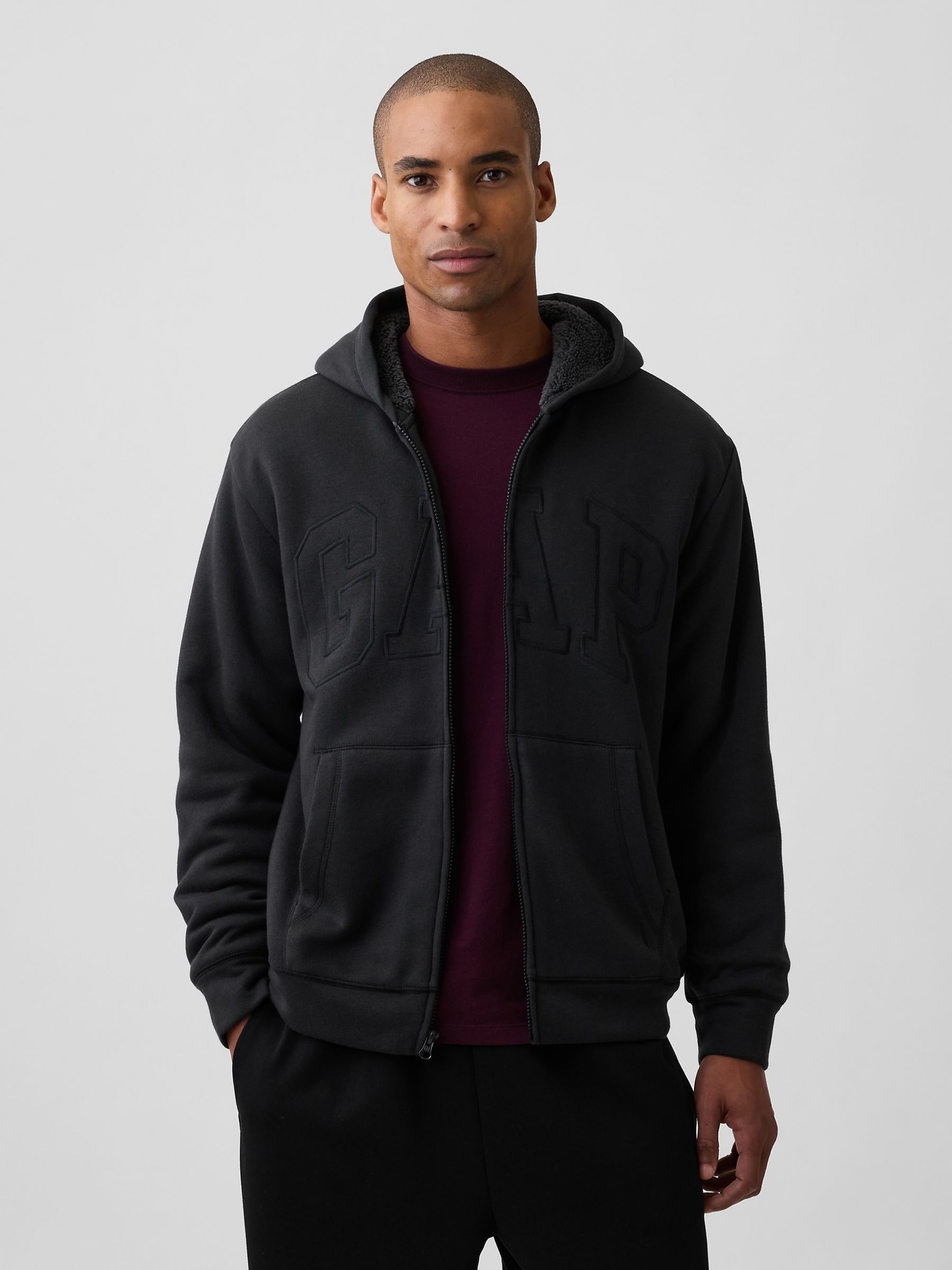 Black Relaxed Logo Sherpa-Lined Zip-Up Hoodie - Image 1 of 4
