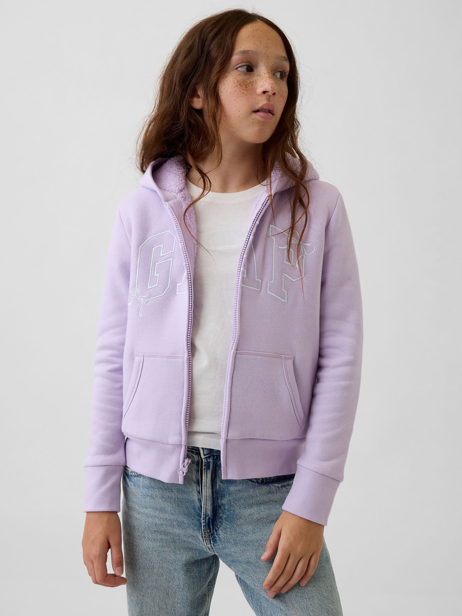 Lilac Purple Bow Sherpa-Lined Logo Zip-Up Hoodie - Image 1 of 5