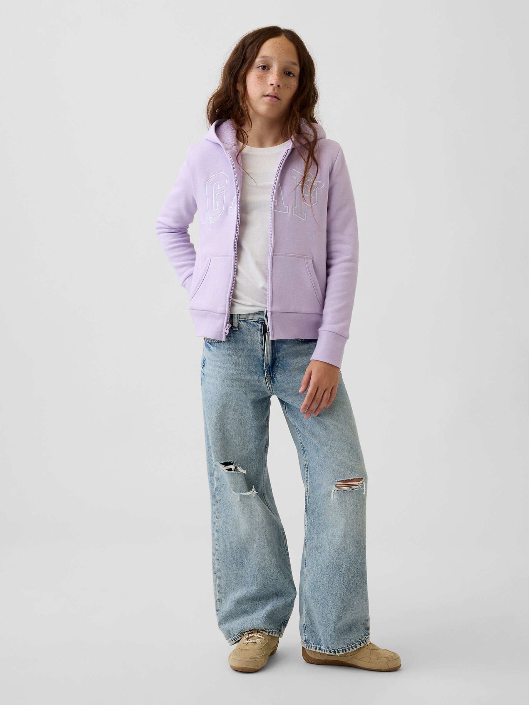 Lilac Purple Bow Sherpa-Lined Logo Zip-Up Hoodie - Image 3 of 5