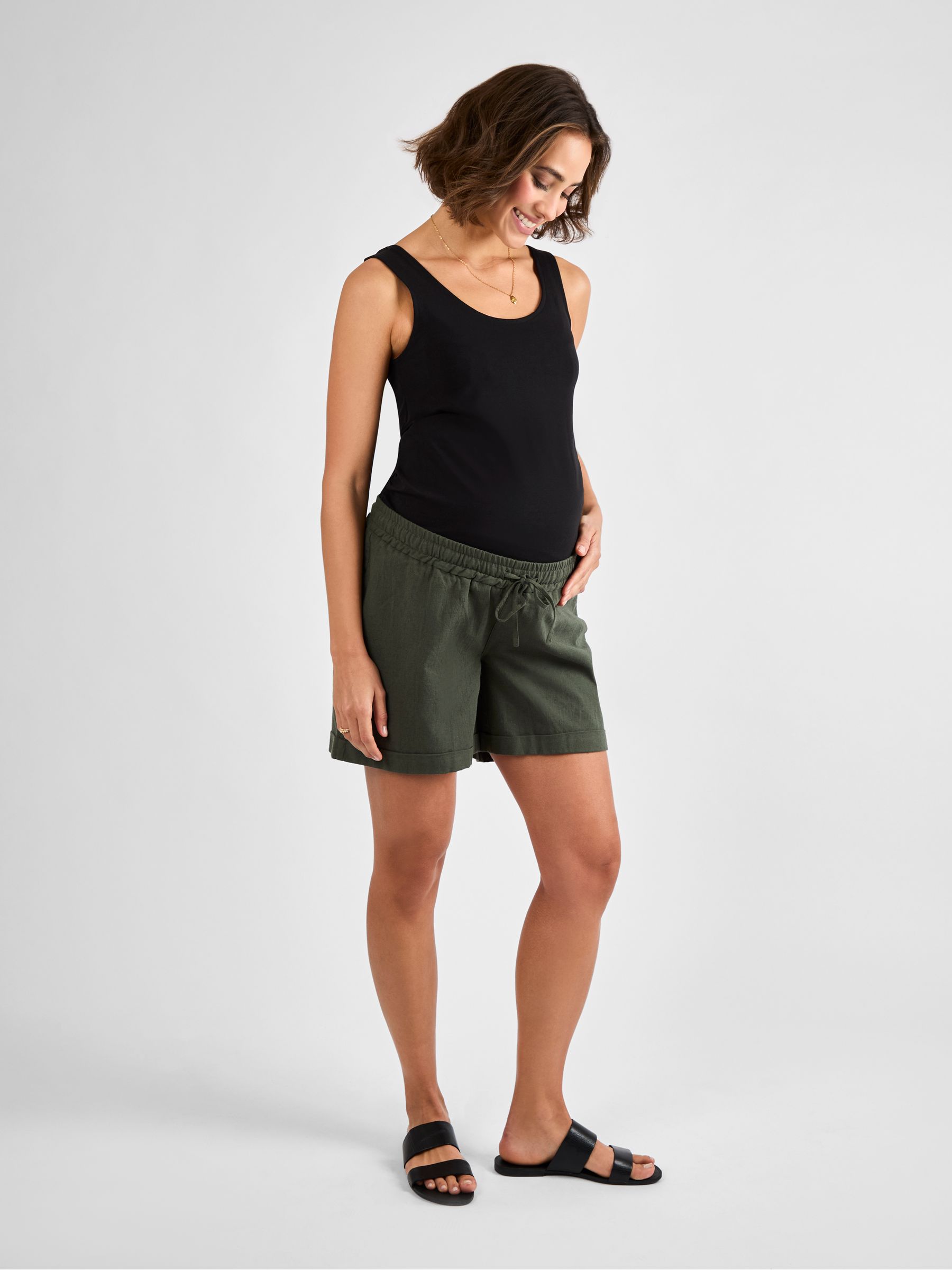 Khaki Linen Blend Drawstring Waist Maternity Shorts | JoJo Maman