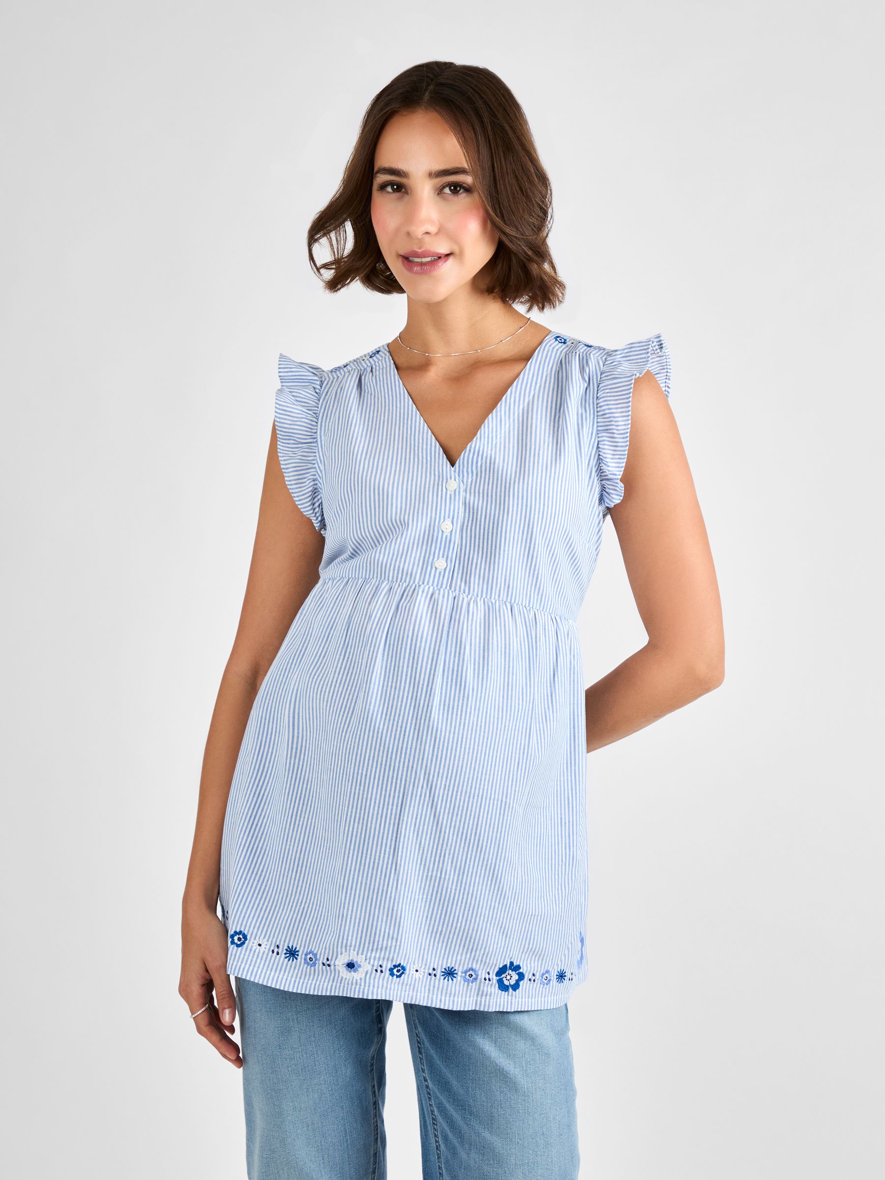 Blue Maternity Embroidered Stripe 100% Cotton Blouse - Image 2 of 4
