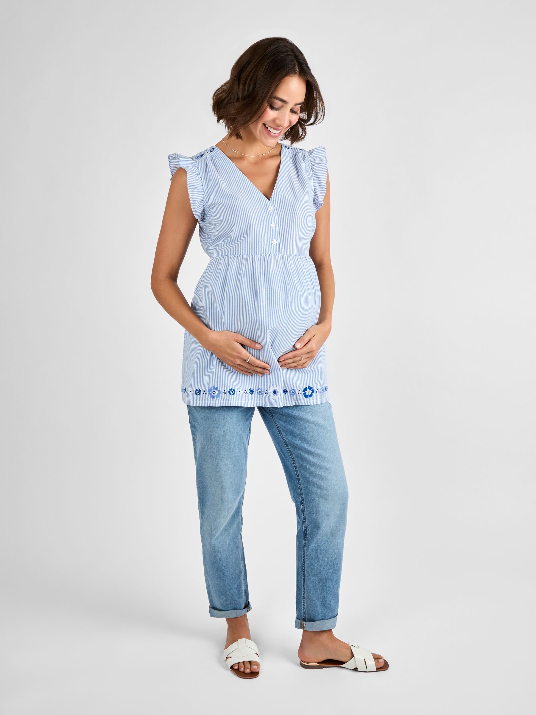 Blue Maternity Embroidered Stripe 100% Cotton Blouse - Image 4 of 4