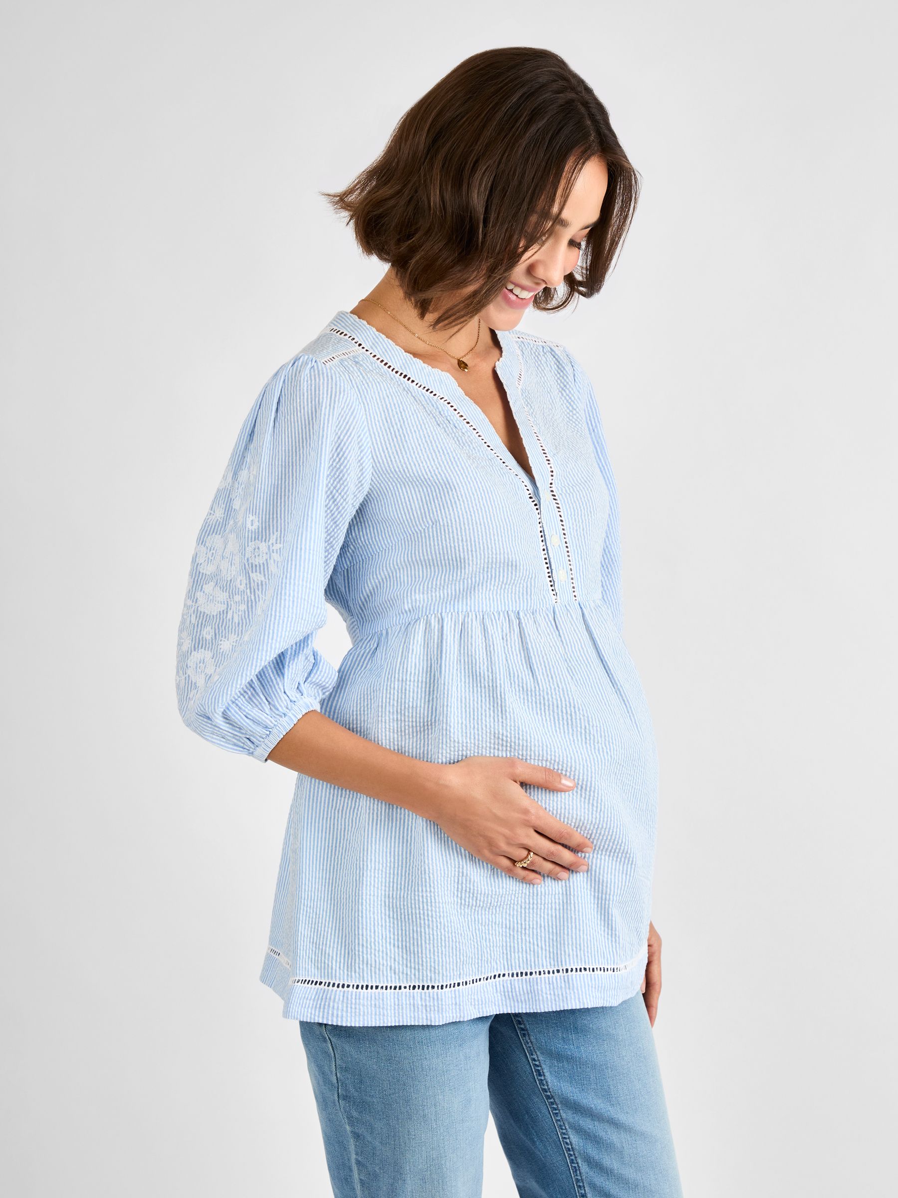 Blue Maternity Stripe Embroidered 100% Cotton Blouse - Image 2 of 5