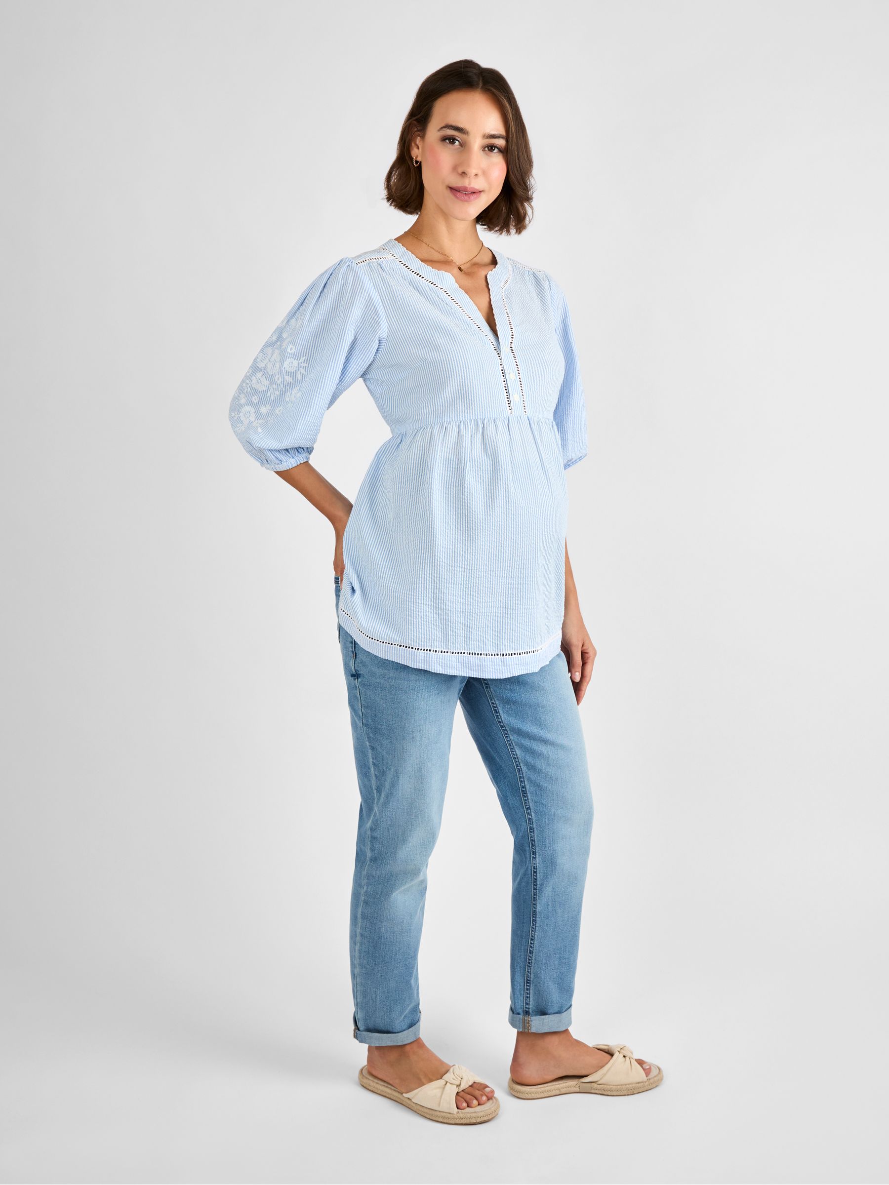 Blue Maternity Stripe Embroidered 100% Cotton Blouse - Image 4 of 5