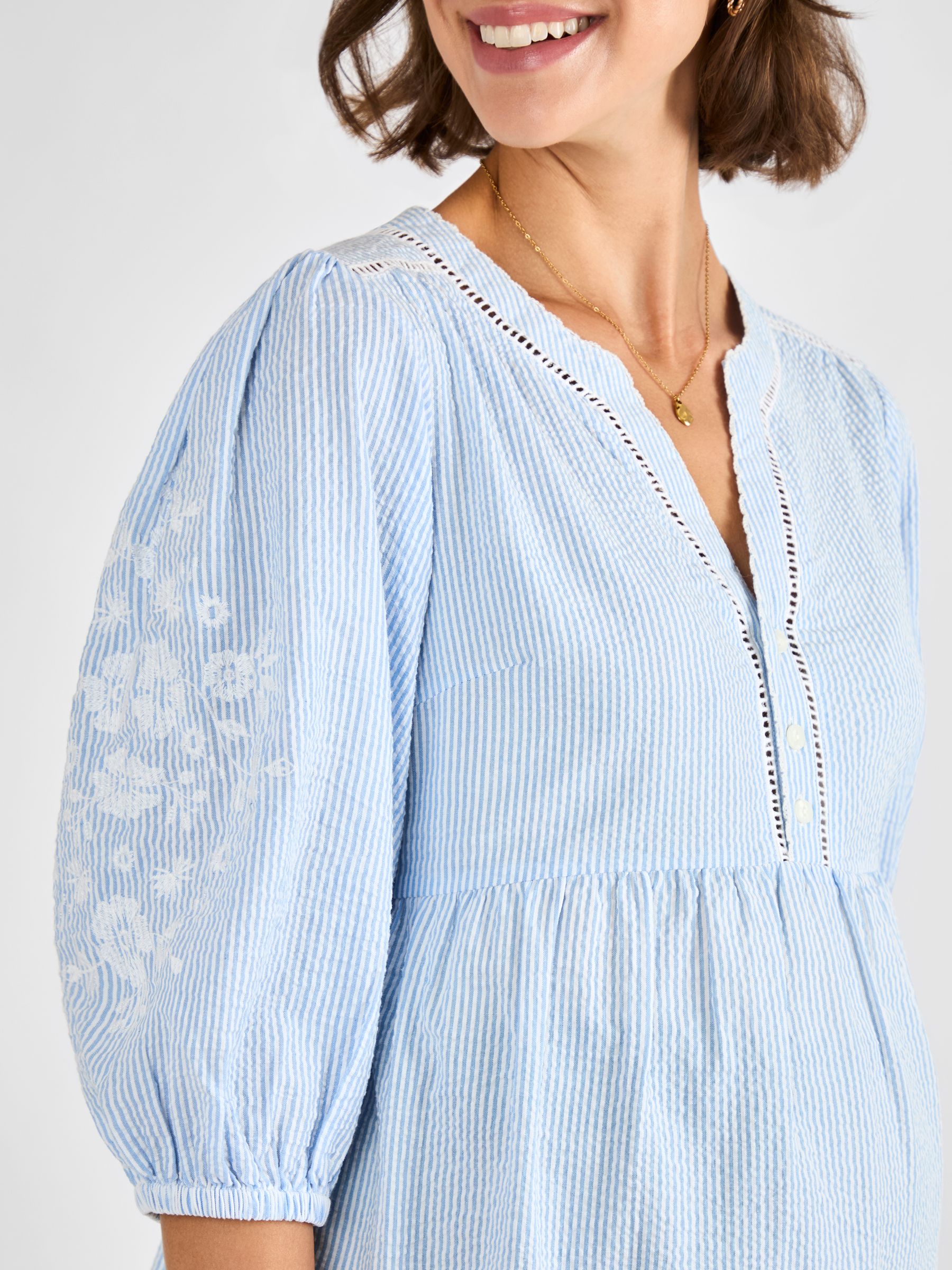 Blue Maternity Stripe Embroidered 100% Cotton Blouse - Image 5 of 5