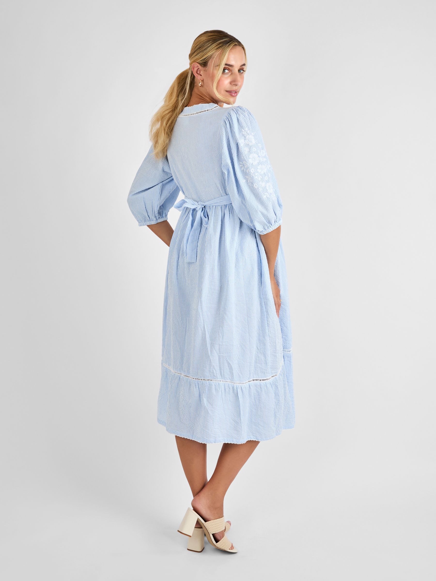 Blue Stripe Embroidered Maternity 100% Cotton Dress - Image 2 of 4