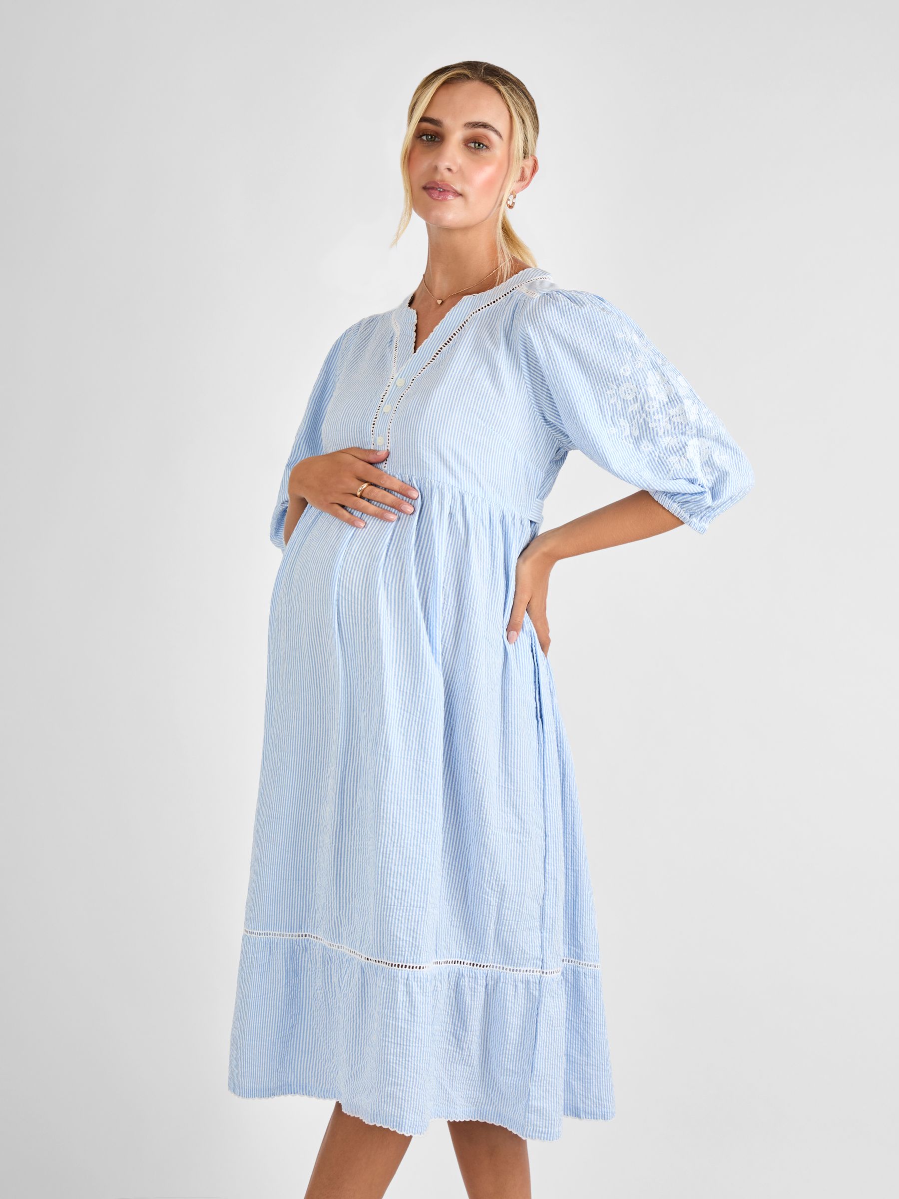 Blue Stripe Embroidered Maternity 100% Cotton Dress - Image 3 of 4