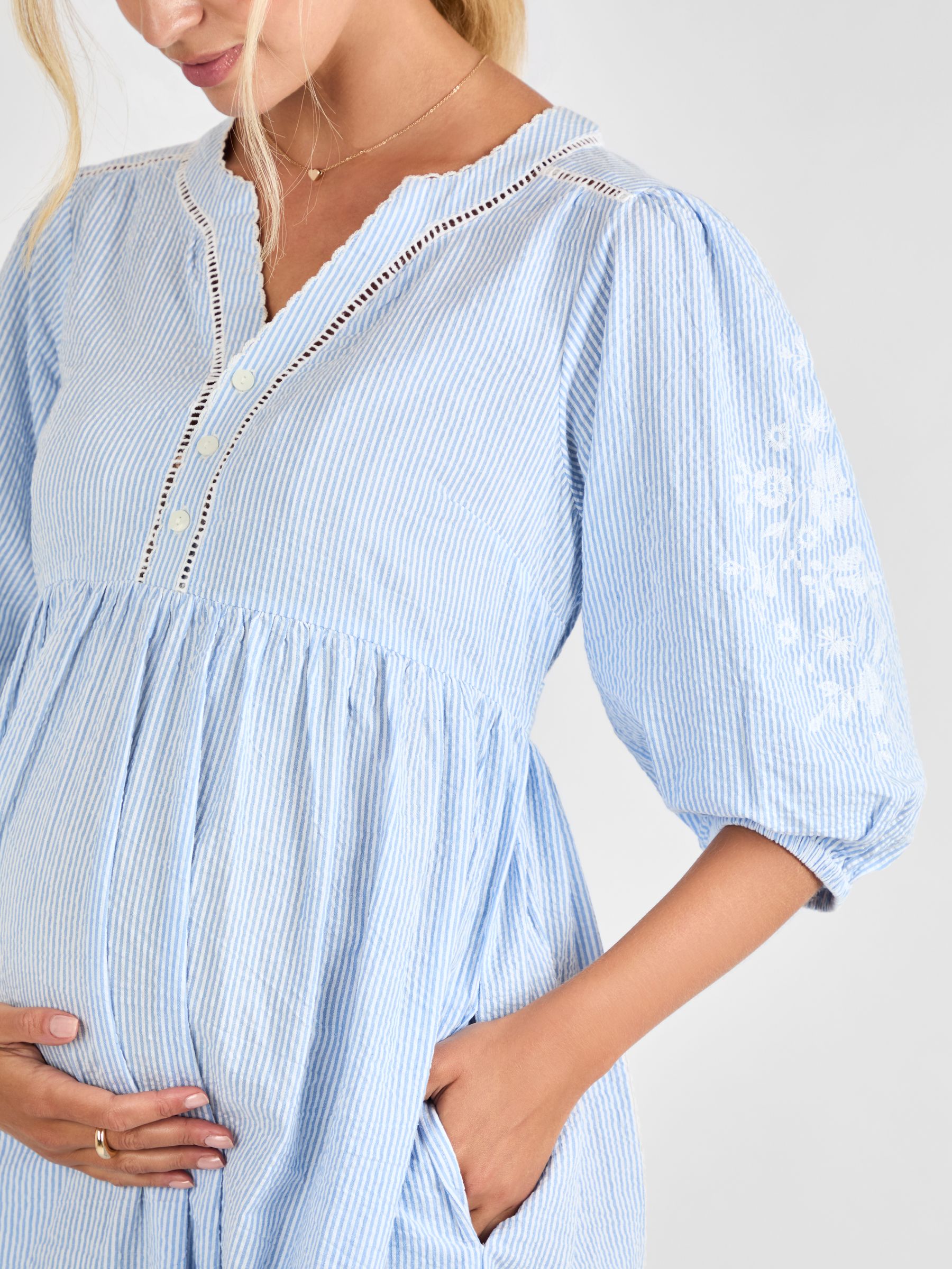 Blue Stripe Embroidered Maternity 100% Cotton Dress | JoJo Maman Bb USA Blue Stripe Embroidered Maternity 100% Cotton Dress | JoJo Maman Bb USA