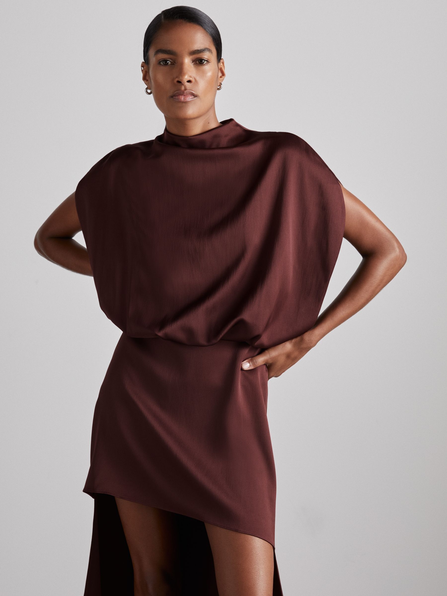 Atelier Satin Stepped-Hem Dress in Burgundy - Image 3 of 8
