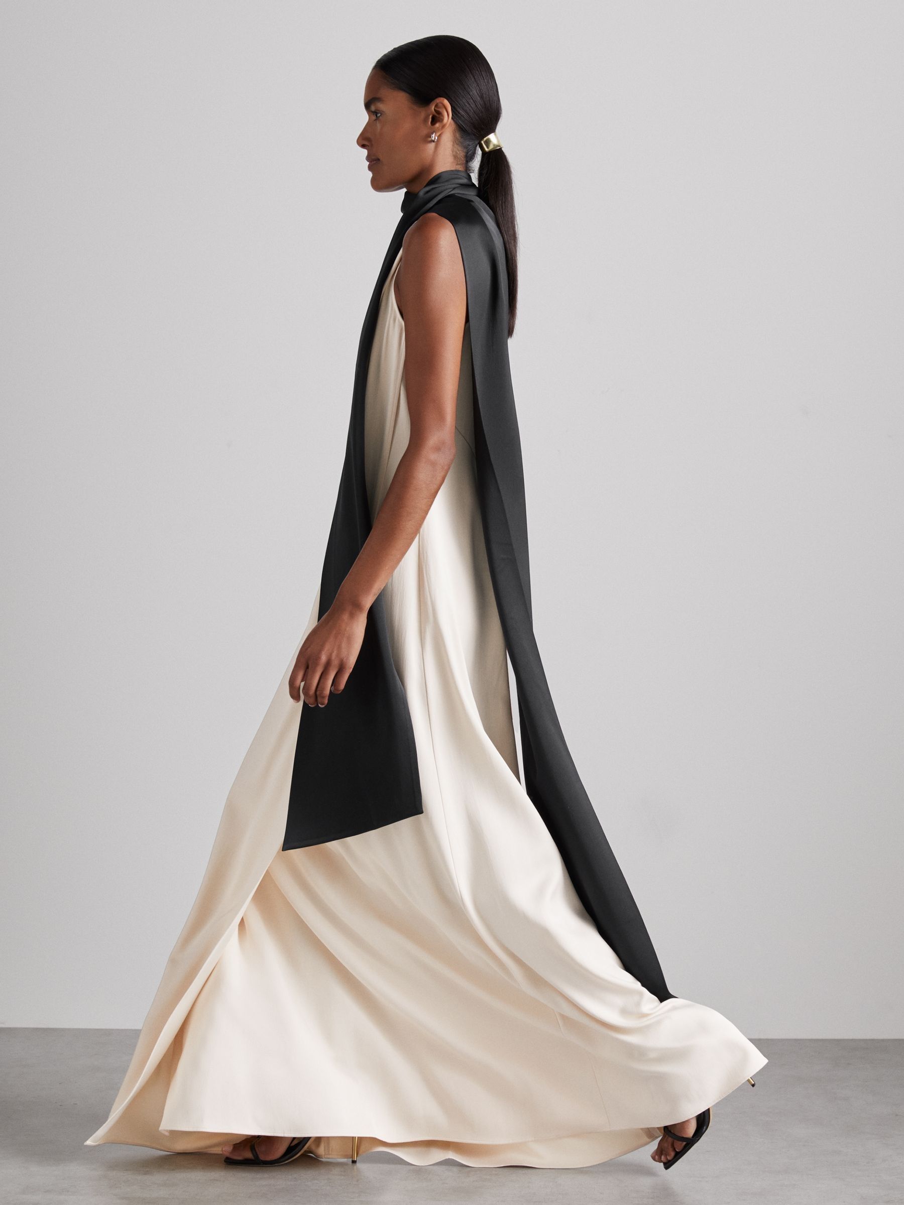 Atelier Sash-Neck Satin Occasion Dress in Black/Ivory - Image 3 of 6