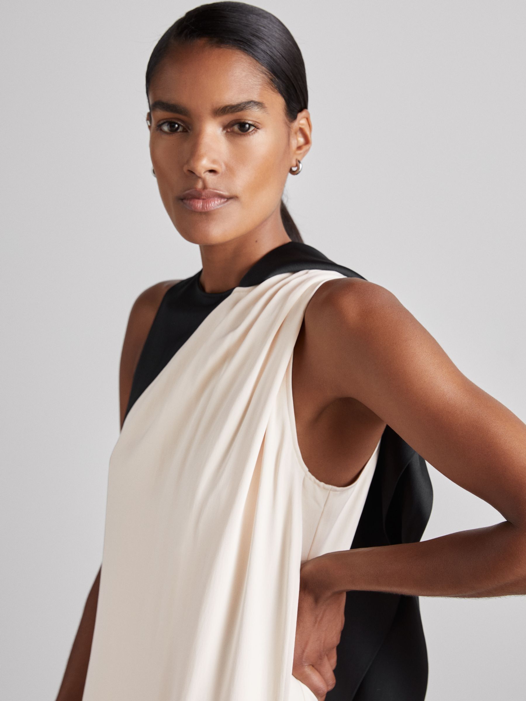 Atelier Sash-Neck Satin Occasion Dress in Black/Ivory - Image 4 of 6