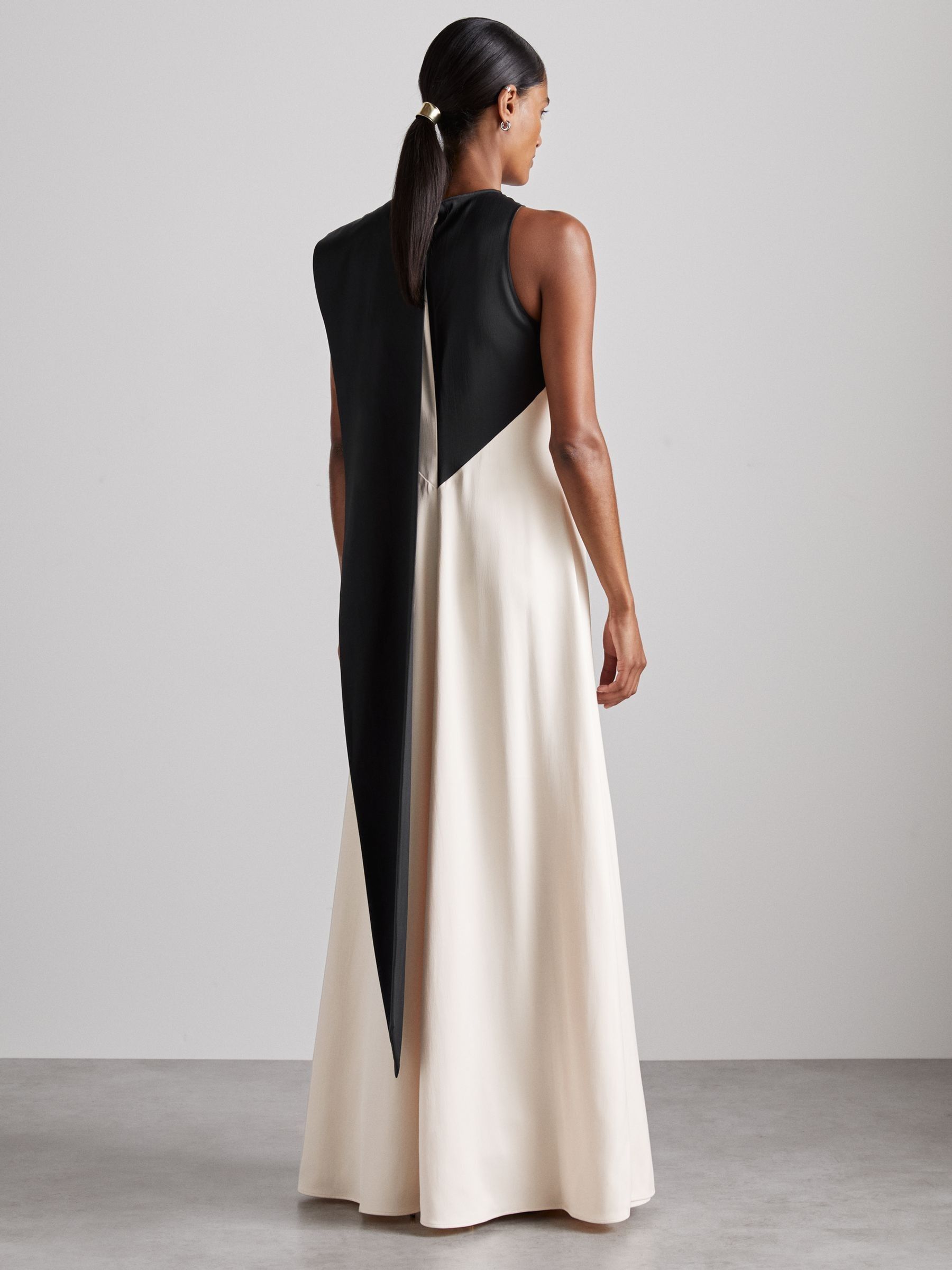 Atelier Sash-Neck Satin Occasion Dress in Black/Ivory - Image 5 of 6