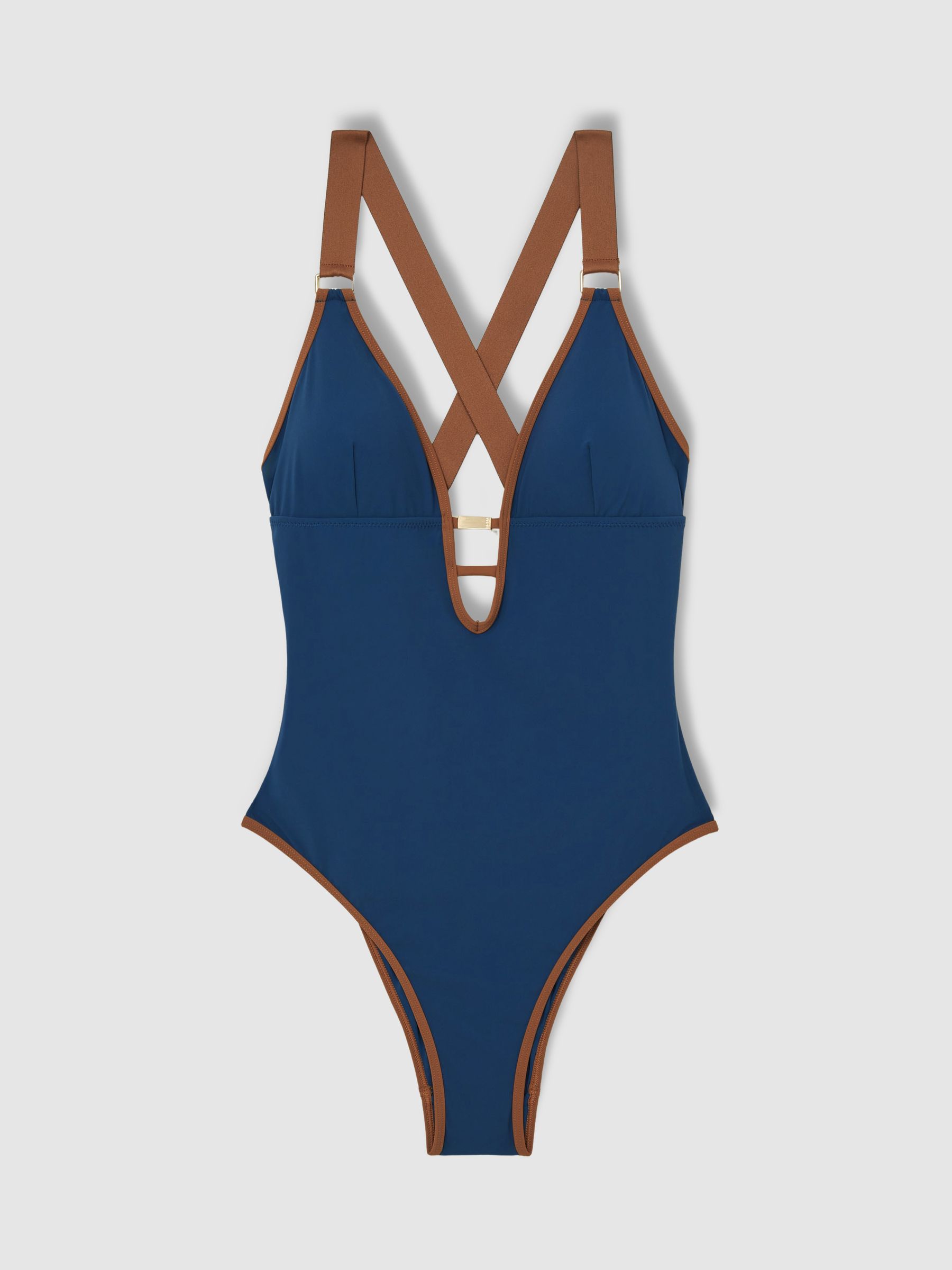 Contrast-Trim Cross-Back Swimsuit in Blue/Tan - Image 2 of 5