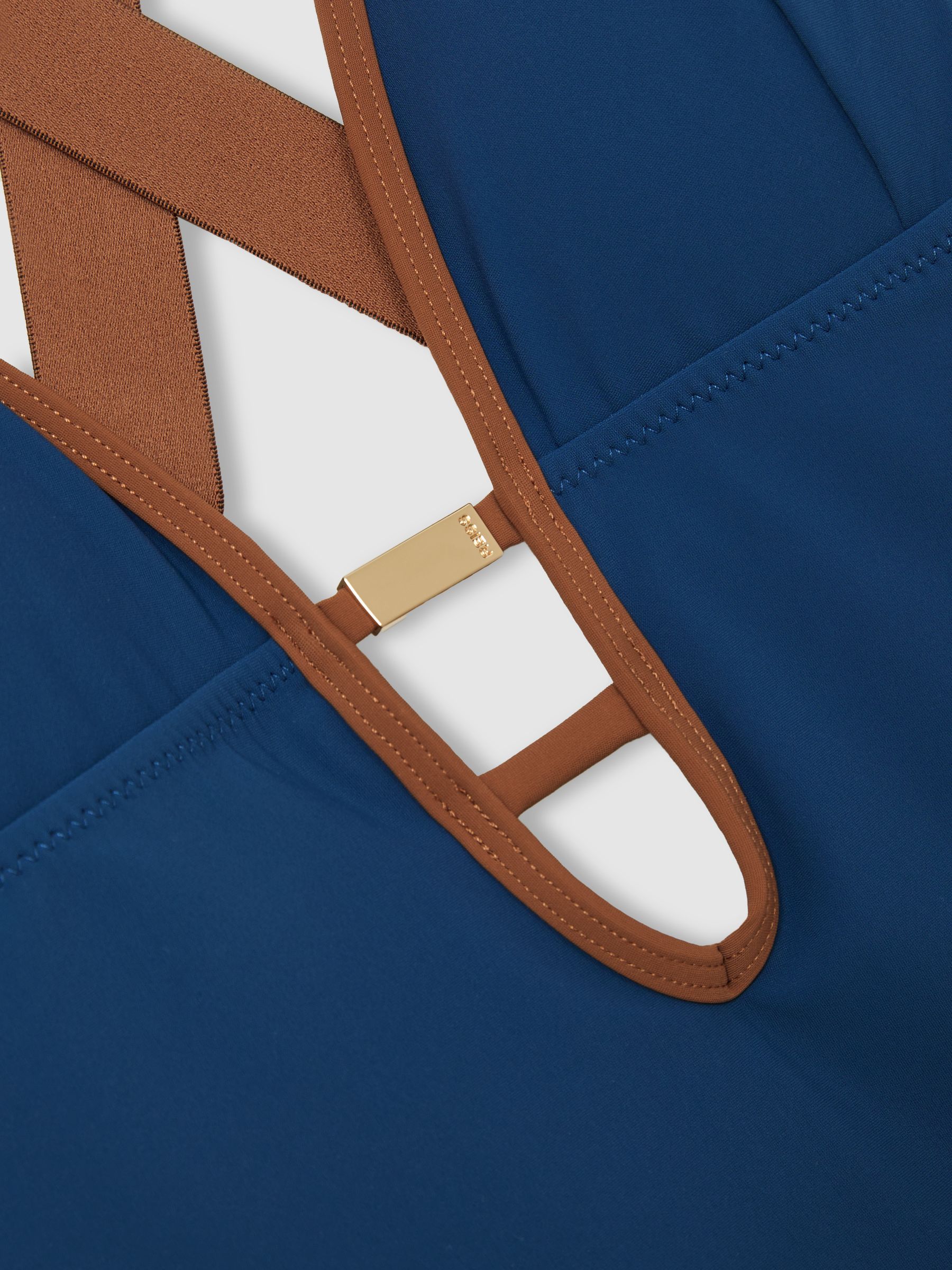 Contrast-Trim Cross-Back Swimsuit in Blue/Tan - Image 5 of 5