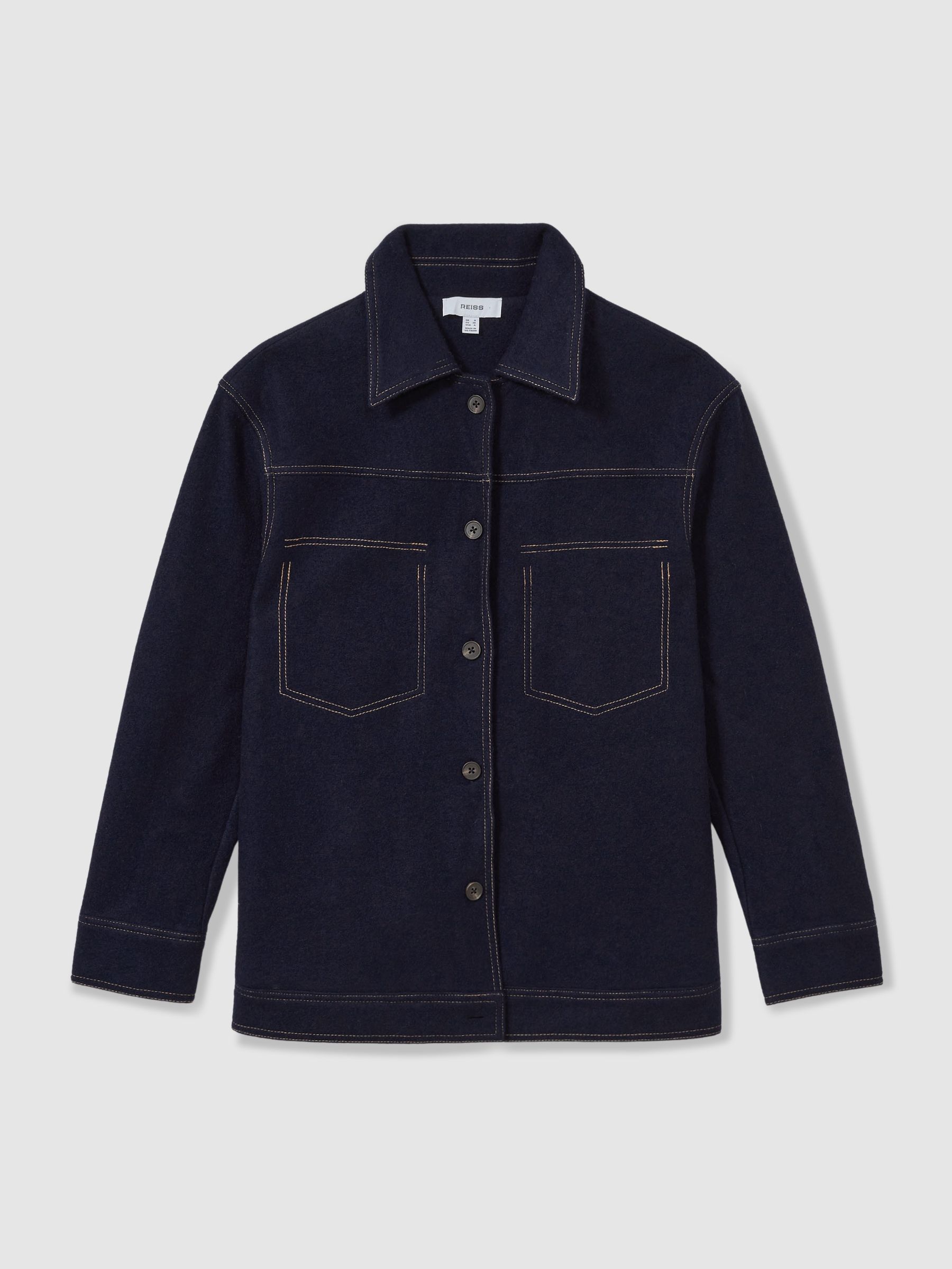Wool-Blend Topstitch Woven Shirt in Navy - Image 2 of 7