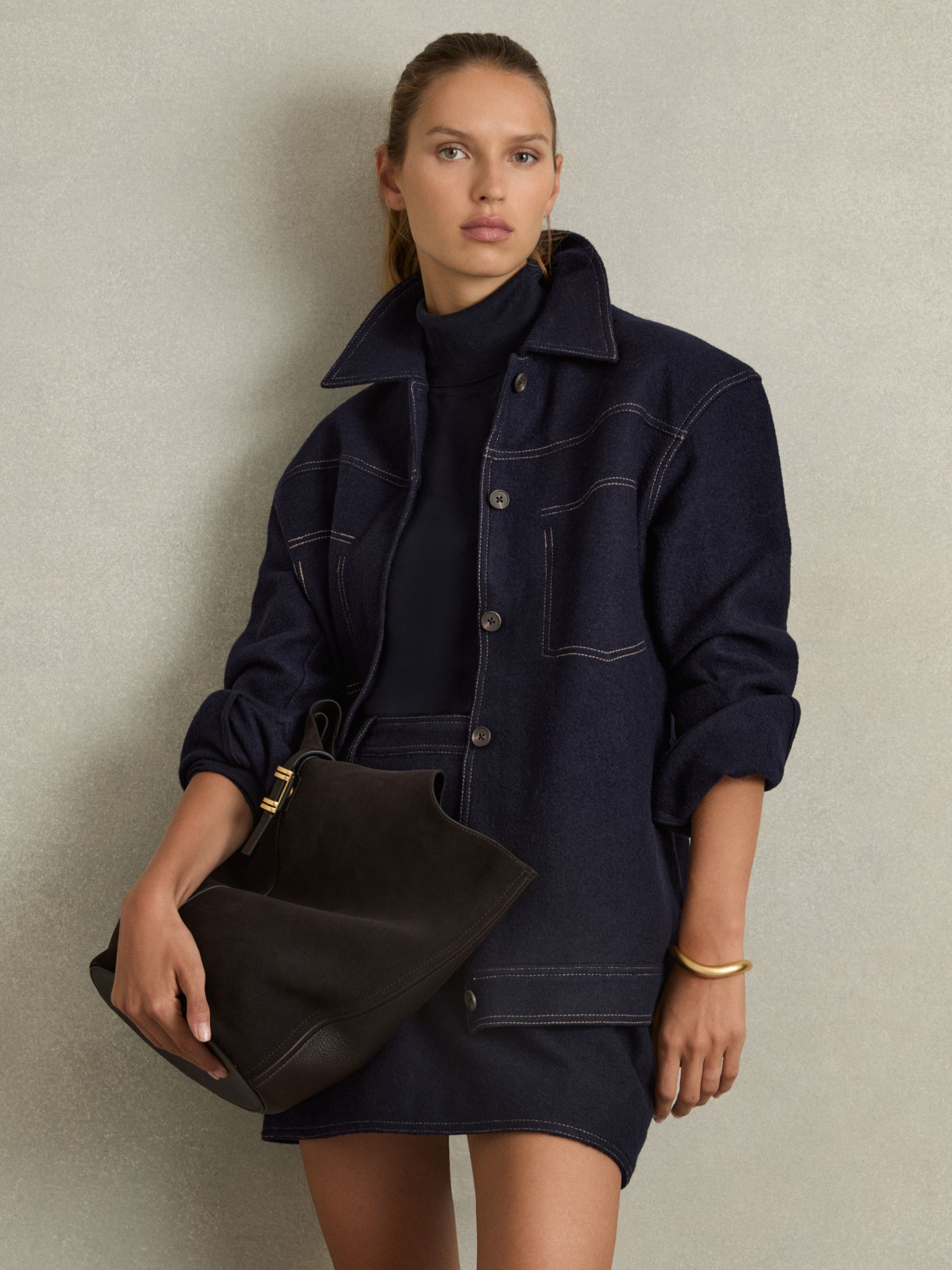 Wool-Blend Topstitch Woven Shirt in Navy - image 4