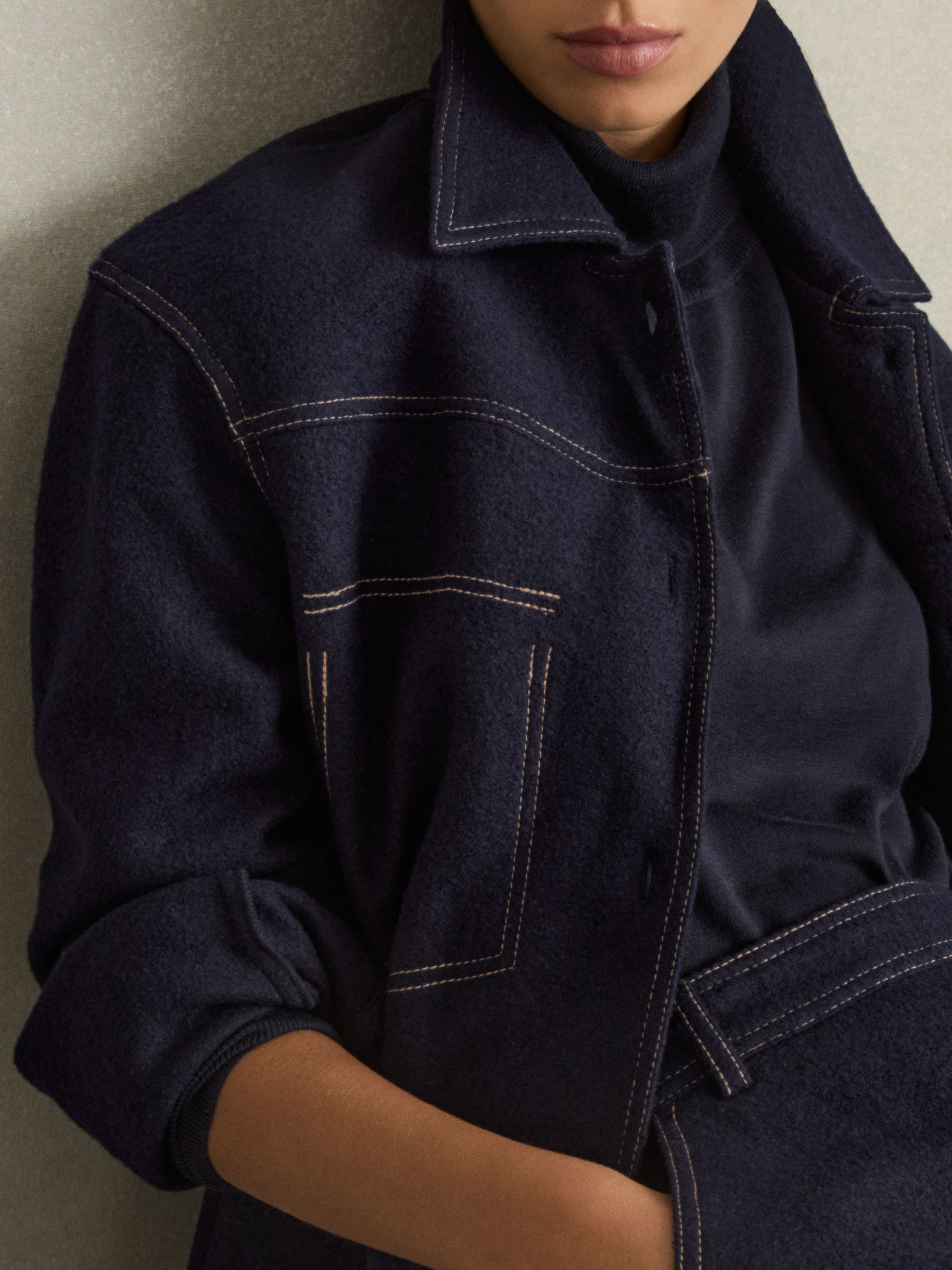 Wool-Blend Topstitch Woven Shirt in Navy - image 5
