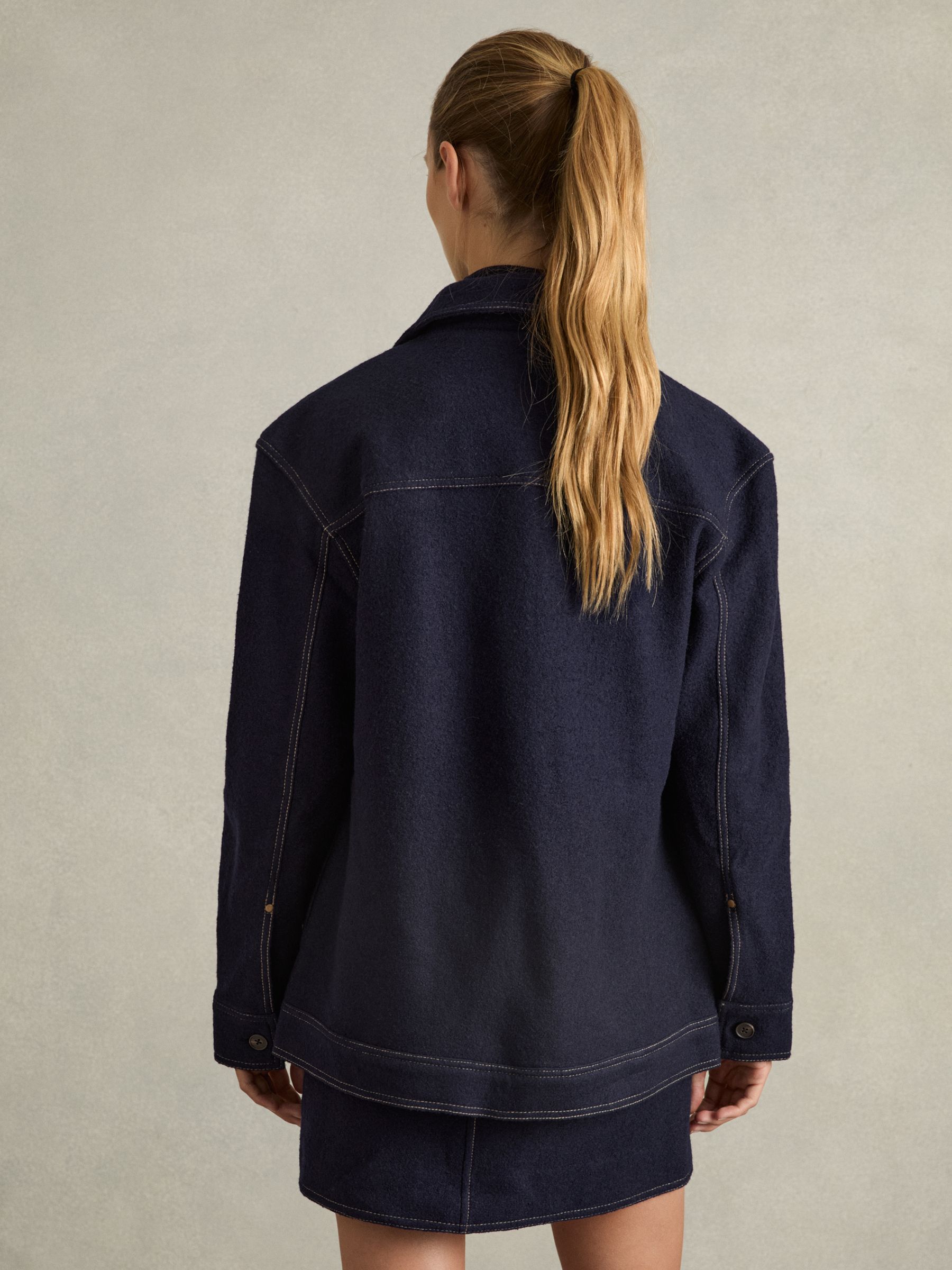 Wool-Blend Topstitch Woven Shirt in Navy - Image 6 of 7