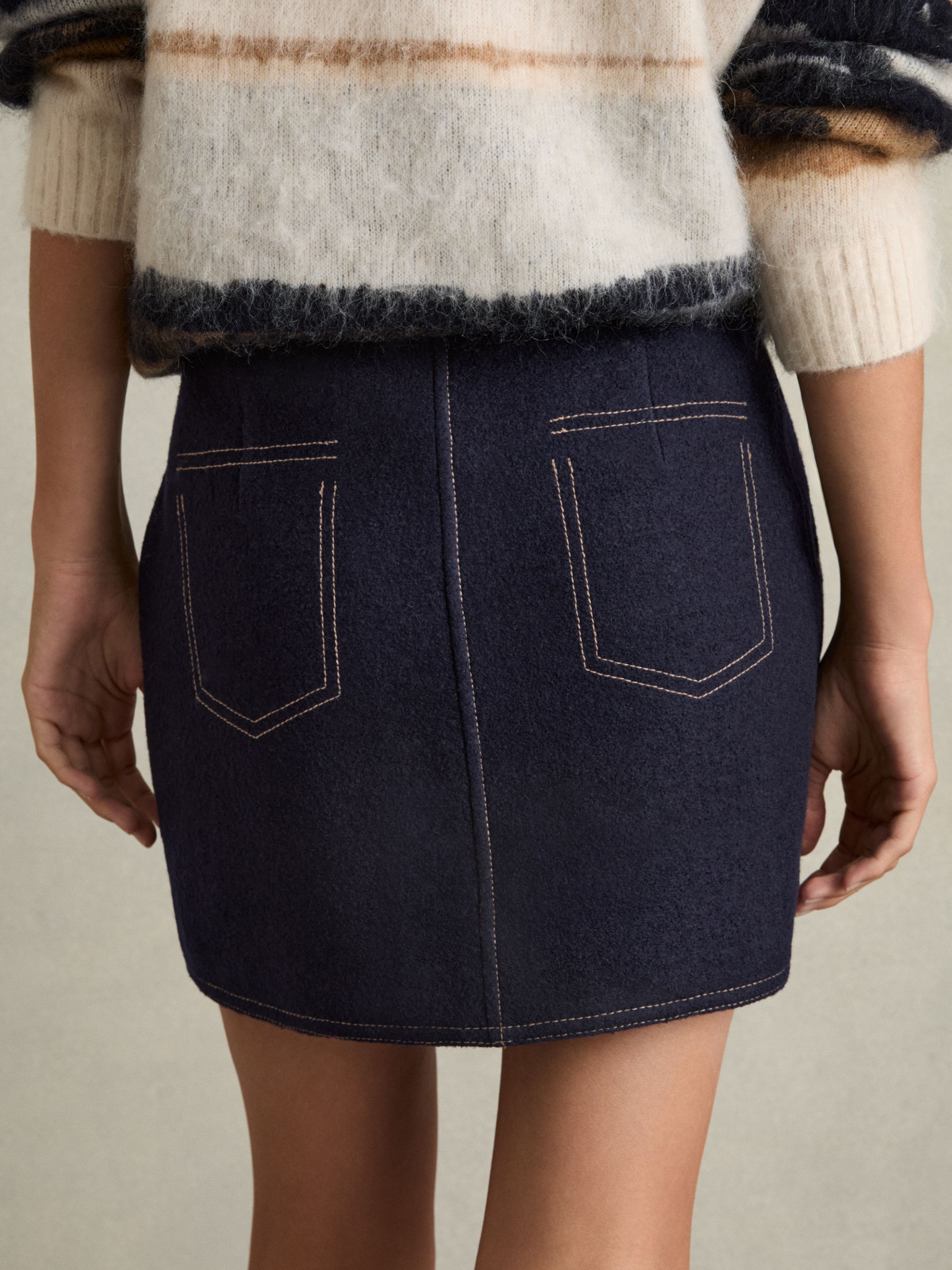 Wool-Blend Topstitched Mini Skirt in Navy - Image 5 of 7