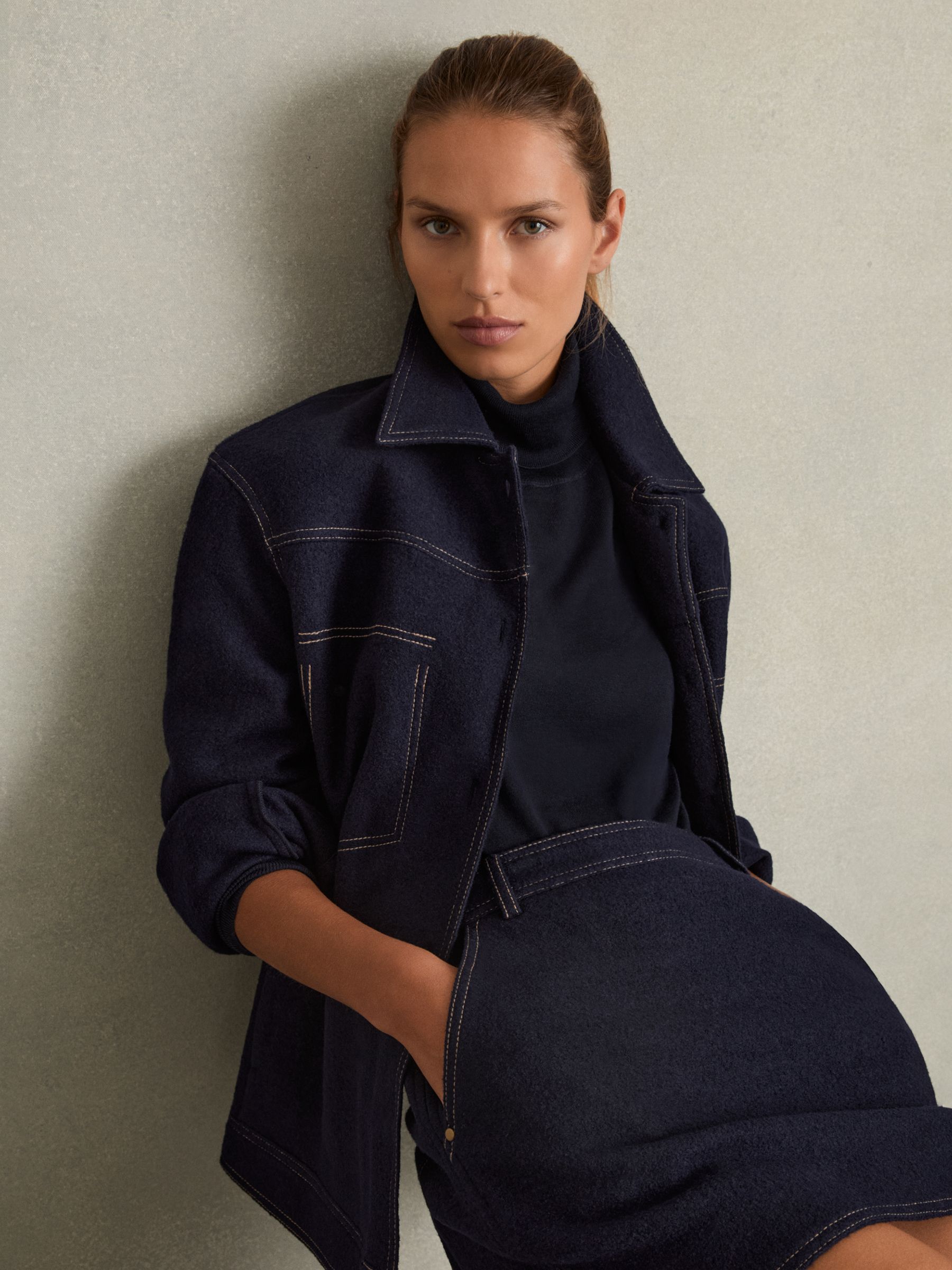Wool-Blend Topstitched Mini Skirt in Navy - Image 6 of 7
