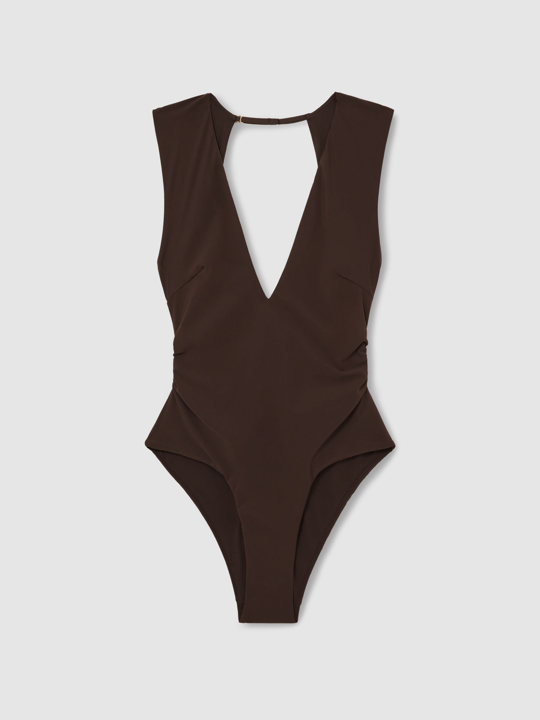 Plunge Ruched Open-Back Swimsuit in Mocha - Image 2 of 5
